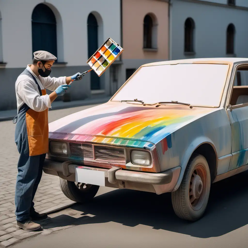 A painter is painting a modern car on a large canvas. He holds a color palette in one hand and a brush in the other. The painter is dressed in the clothes that the painters wore in the 19th century. He's outside and the car he uses as a model is a few meters ahead of him.
