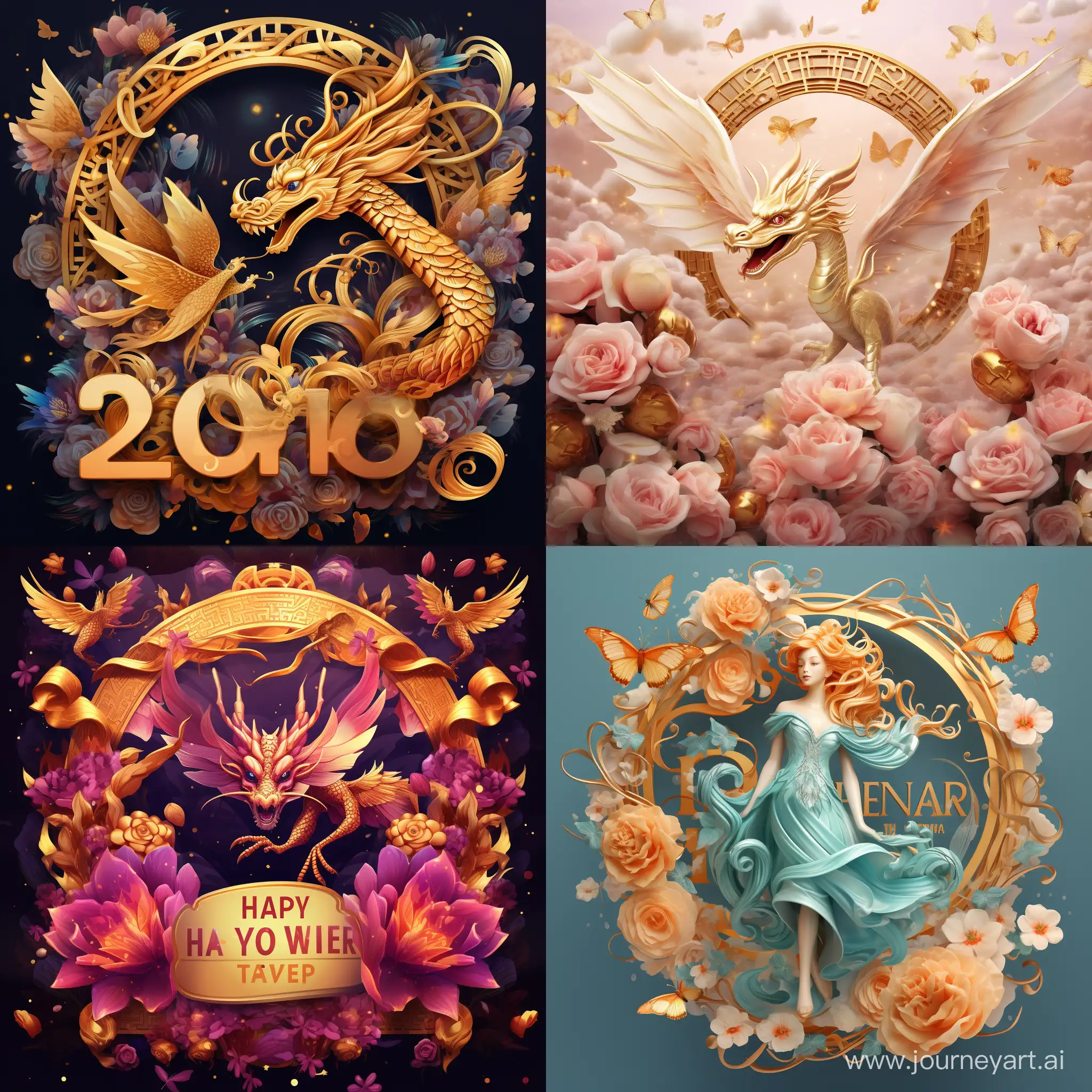 Text " Happy New Year 2024 " | a golden dragon flying, celebration, money, flowers and new beginning