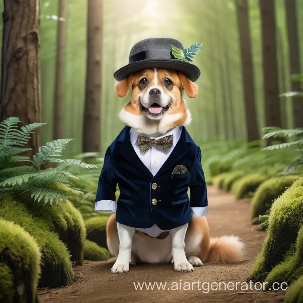 a dog dressed as a man in the forest