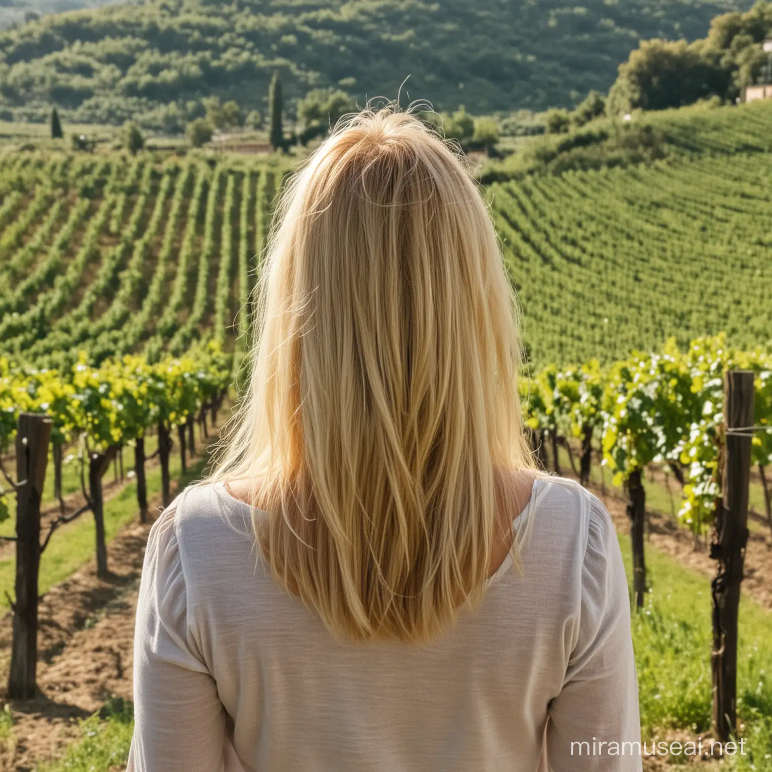 woman with blonde hair and back to the camera looking over a vineyard in Italy