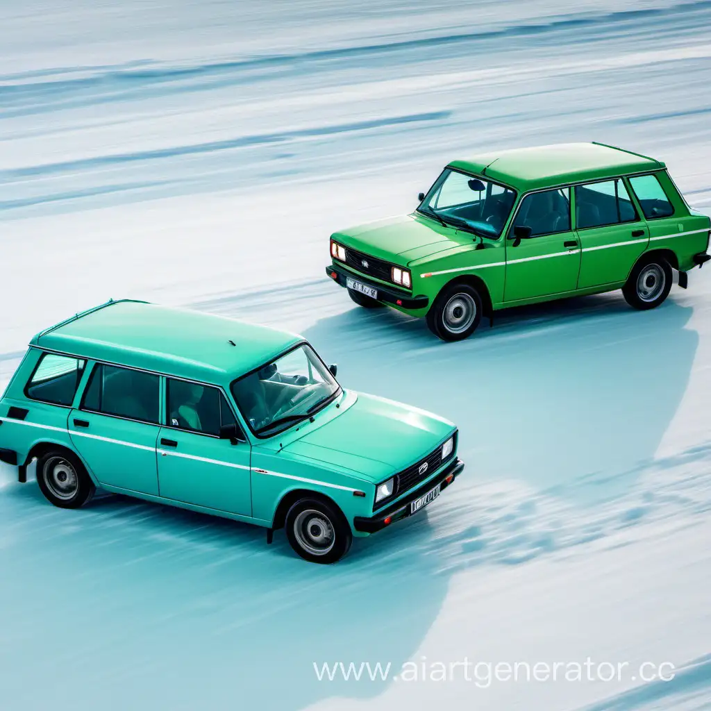 Sideways-Driving-Light-Blue-Vaz-2104-and-Green-Vaz-2107-on-Ice