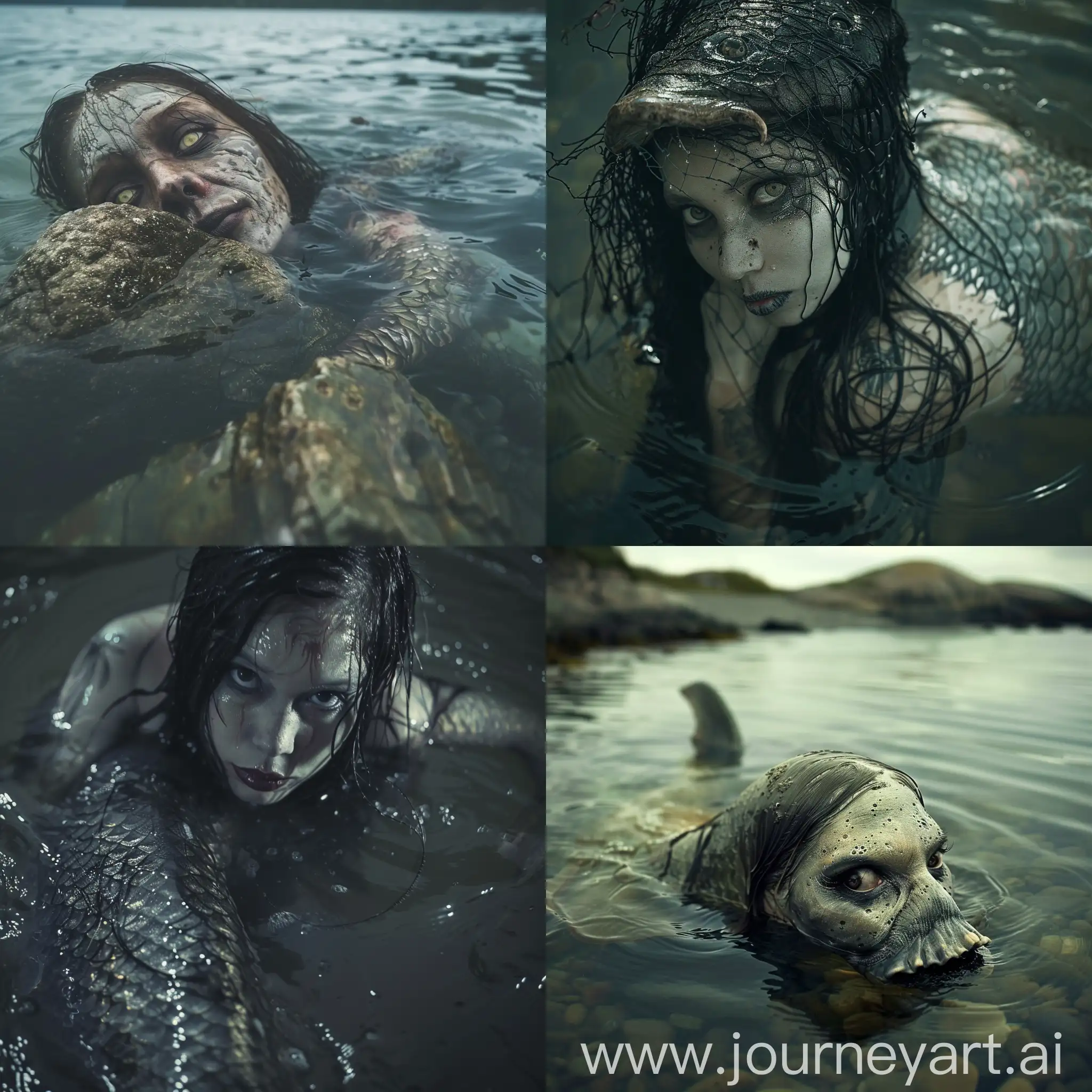  --sref https://encrypted-tbn0.gstatic.com/images?q=tbn:ANd9GcS3i8i1FLduCEsOWVSrUFJVwnz6hWL0eSXOOw&usqp=CAU A creepy qallupilluit mermaid woman with her Half body out of the water, looking at the camera, --style raw --ar 4:7 --weird 10