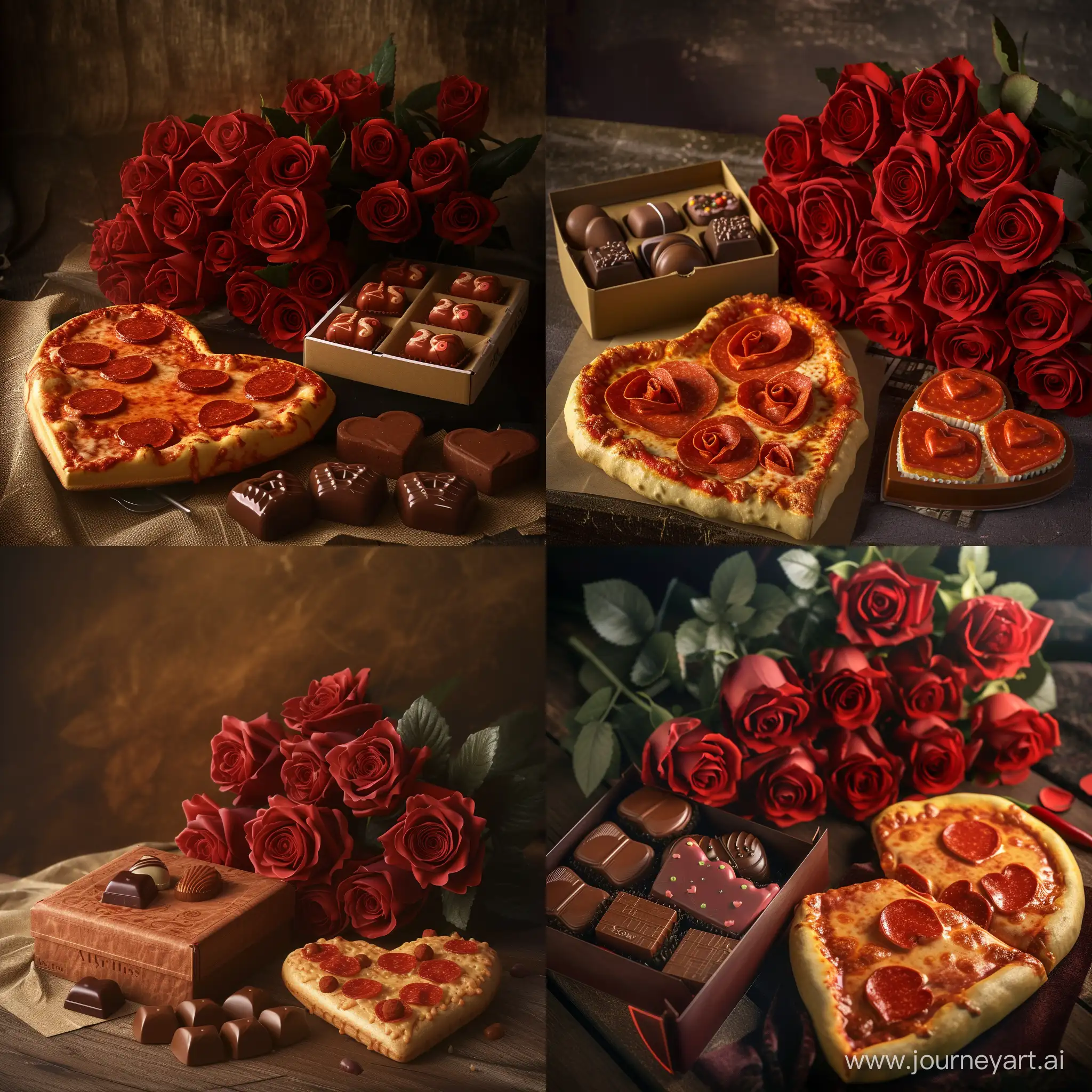 A dozen roses a box of chocolates and a heart shaped peppronie pizza.  The background should be a well-lit studio setup, with a clean and neutral backdrop beauty lighting  depth of fields, natural lighted, hard focus film grain, (3d) ray traced, rendered, PHOTOGRAPHED with a Sony A7111 mirrorless camera, by photograph-- ar 2:3