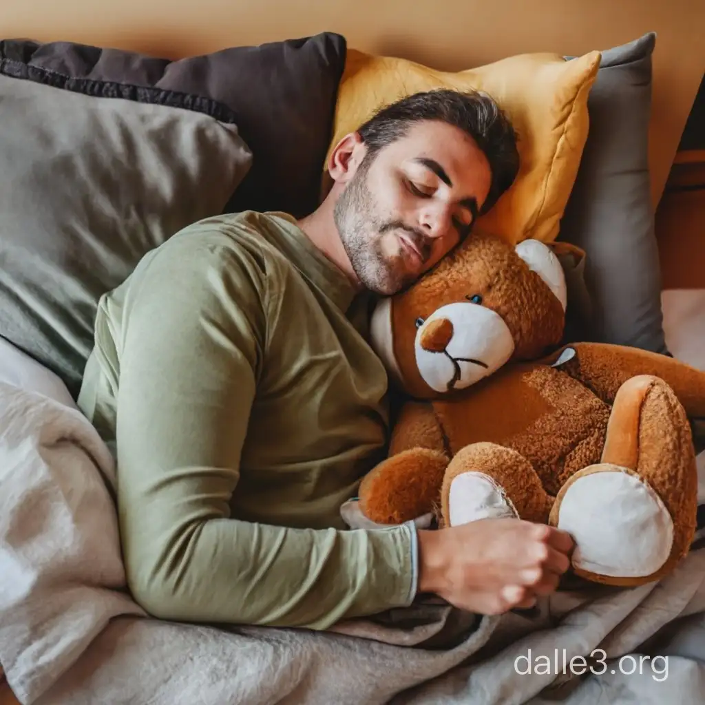 man sleeping in his bed with eddy bear