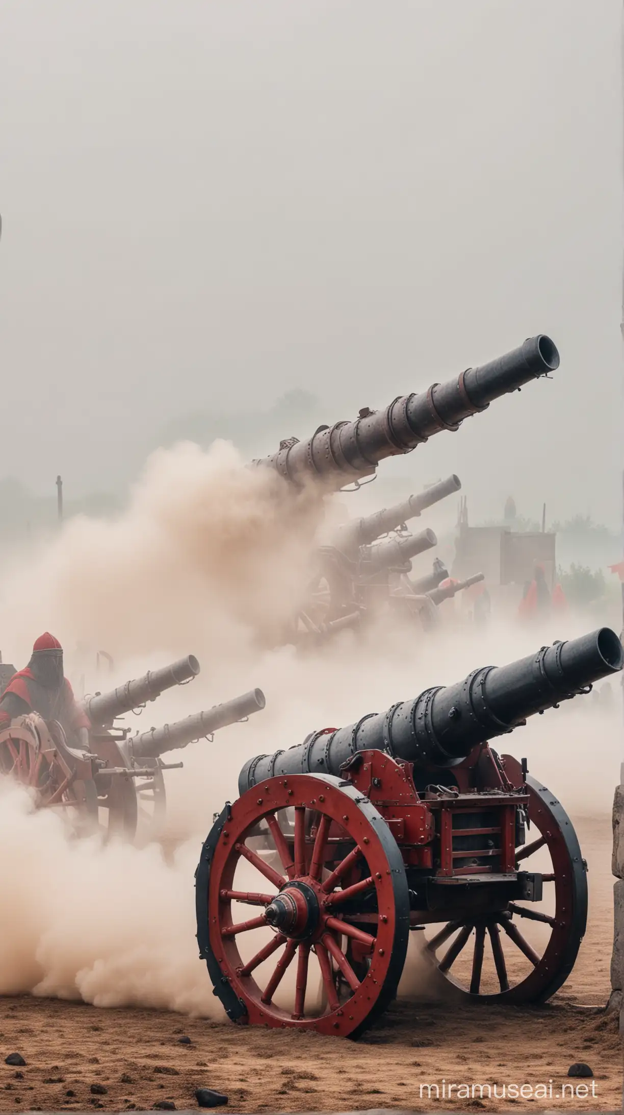 Many medieval cannons large cannons in a fogy area throwing by a man with red islamic armored medieval battle attire and war helmet