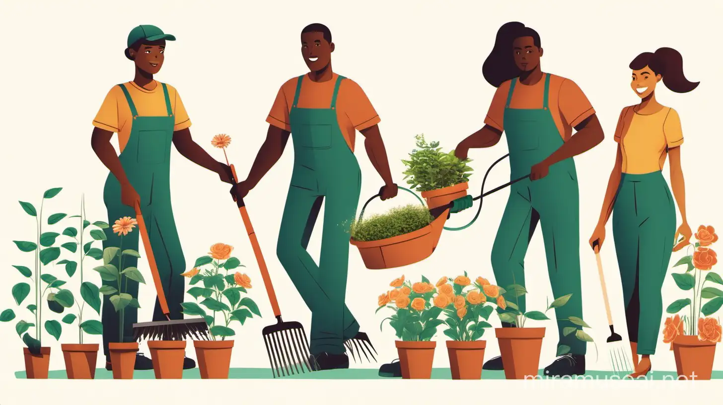 Ilustración 2D de 3 mujeres y 3 hombres de razas variadas realizando acciones de jardinería