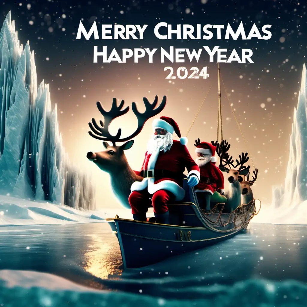 santa with his reindeer on a vessels sailing in arctic high resolution 4k include the text merry christmas and a happy new year