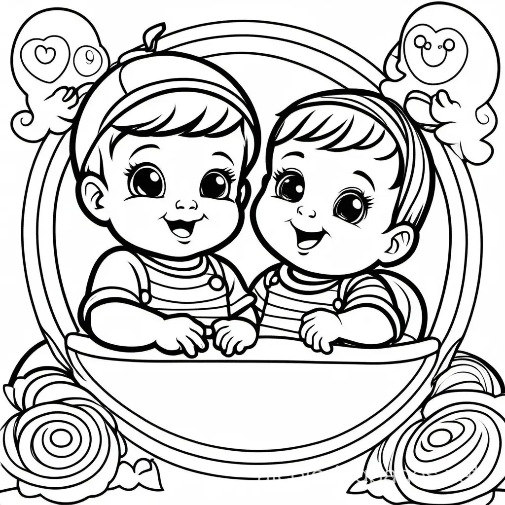 cute two baby together, Coloring Page, black and white, line art, white background, Simplicity, Ample White Space. The background of the coloring page is plain white to make it easy for young children to color within the lines. The outlines of all the subjects are easy to distinguish, making it simple for kids to color without too much difficulty
