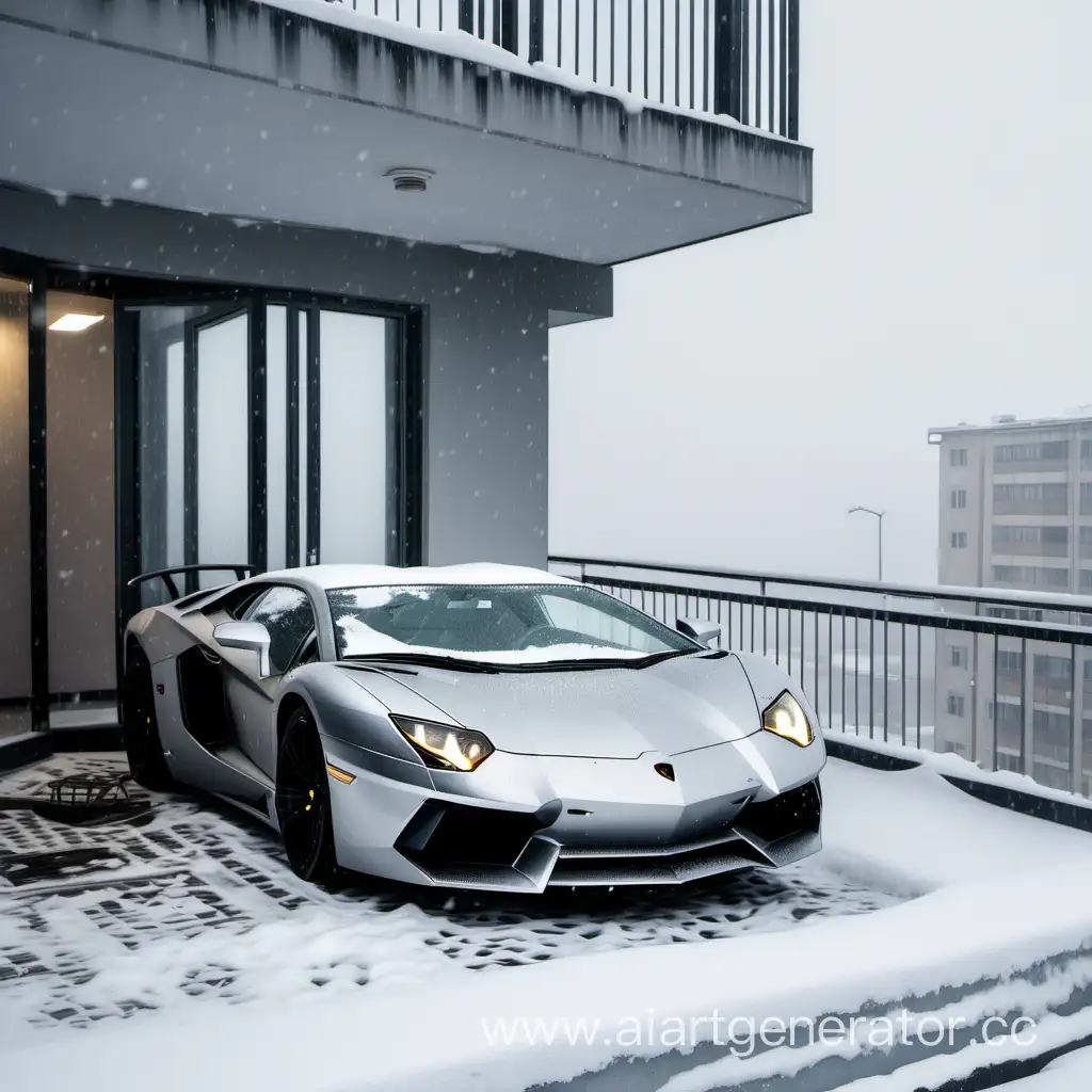 Серебристый Lamborghini Aventador стоит внутри лоджии постсоветсткой панельной многоэтажки в снегопад, вид сбоку