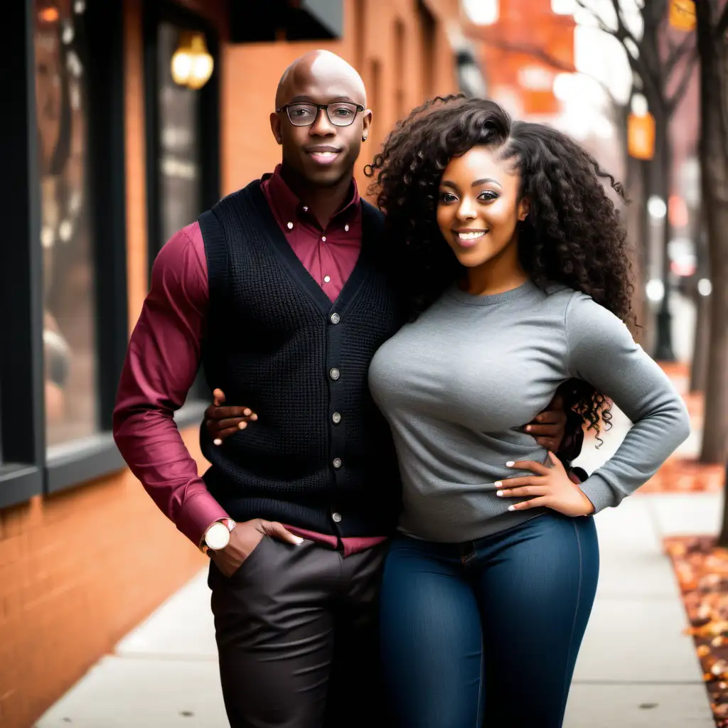 sucessful young black couple, young dark skin bald black man in sweater vest, slim body, sexy black woman, darker skin, slim, big booty, wide hips, curly hair 
