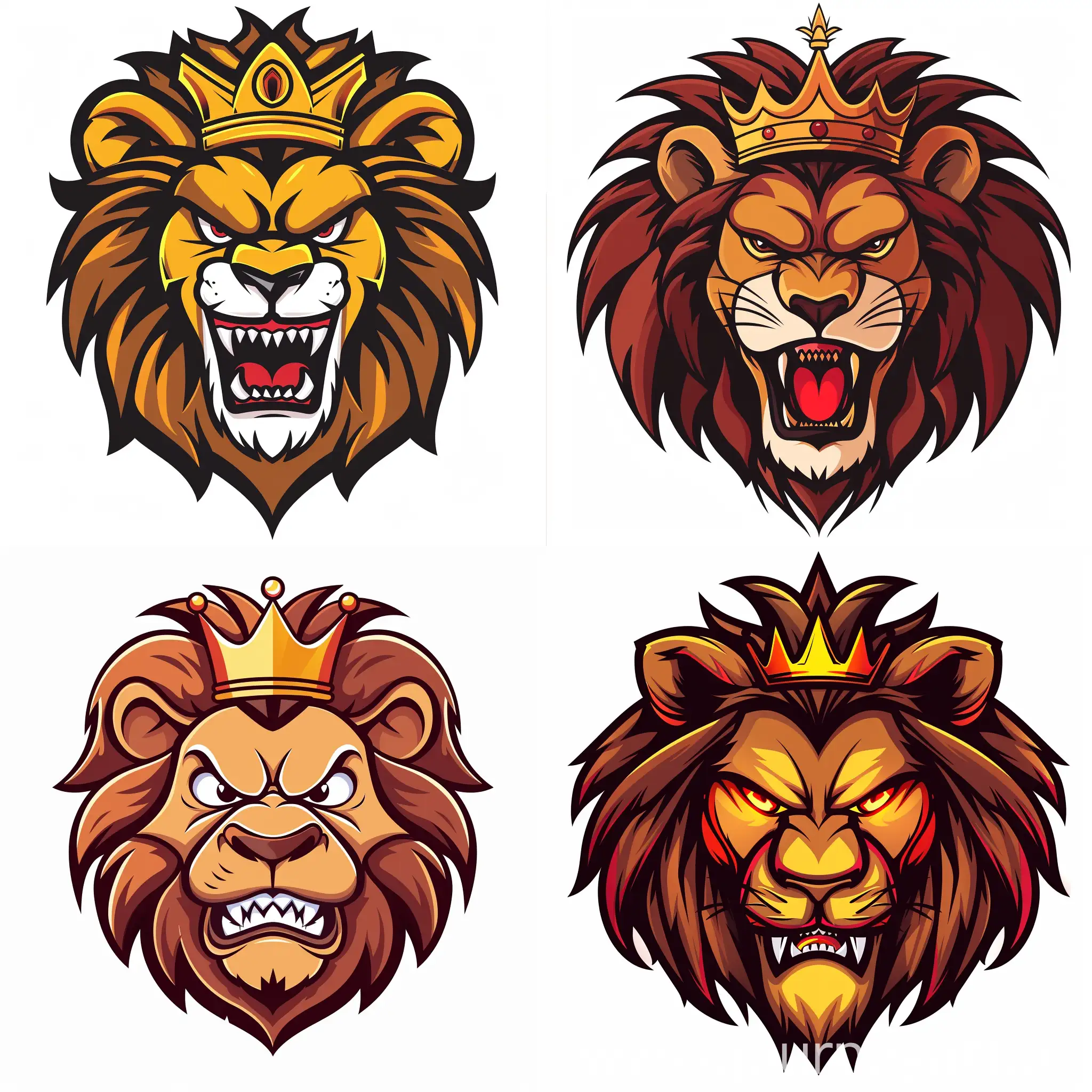 Animal Angry Characters, lion king, with Crown, background white, full face, logo, vector, full color
