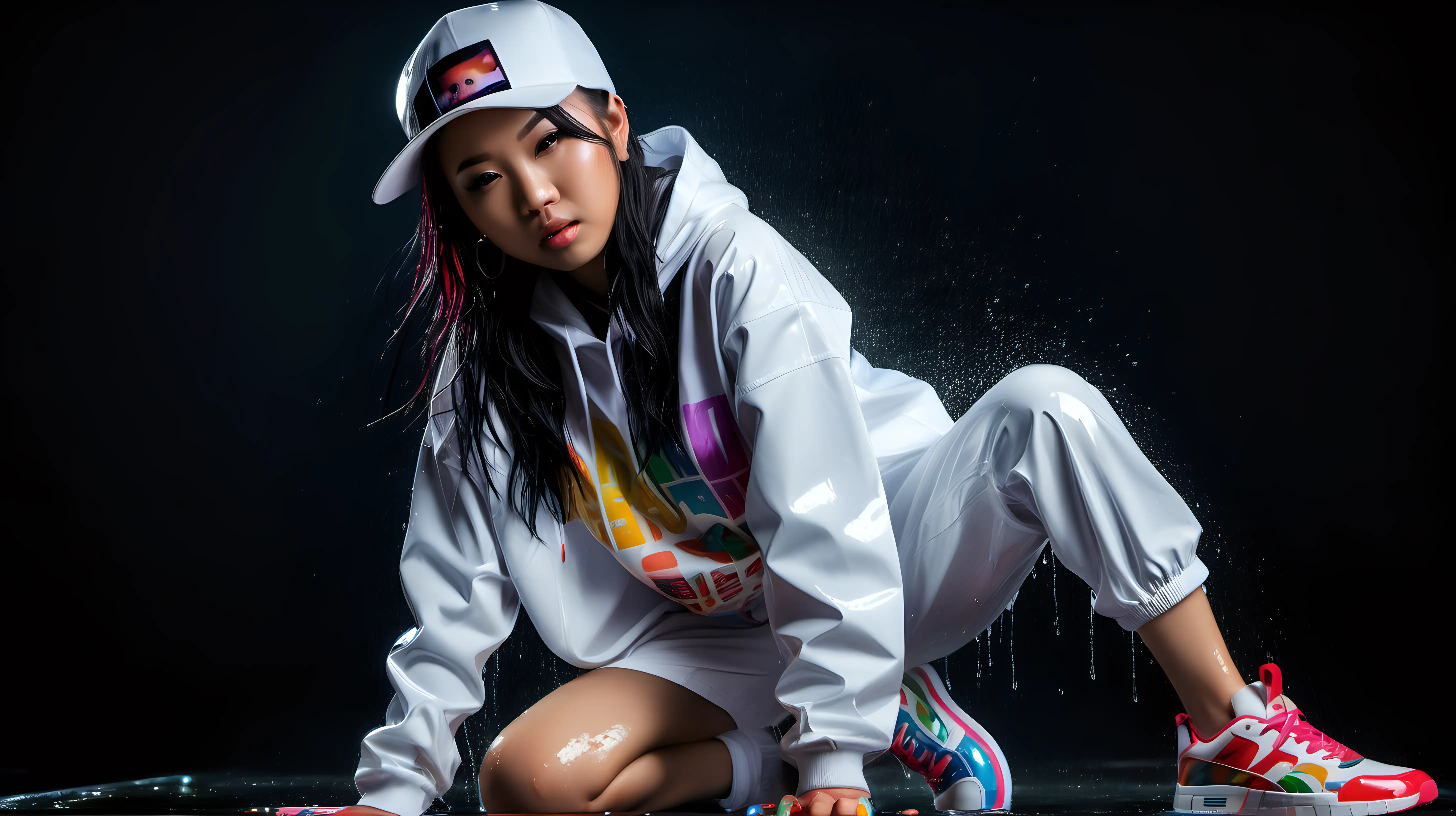 Colorful, photo realism, asian girl, white hip-hop style clothing, wet, cincinnati 
