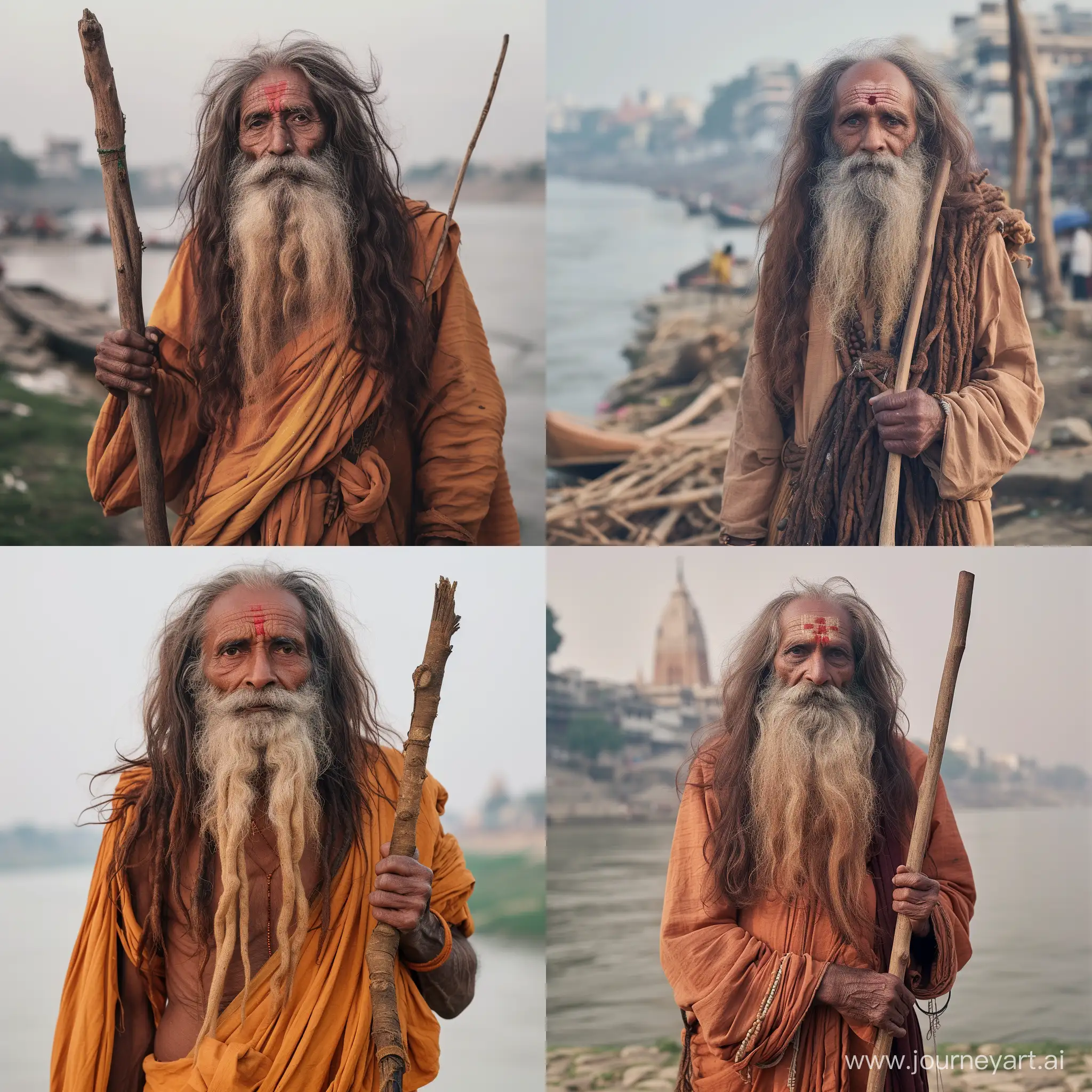 holymen 80 years old with stick in his hands and very long brown hair on right side standing before ganges india  soft contrast  total body  low angle 35mm fuji xt4 fotorealistisch