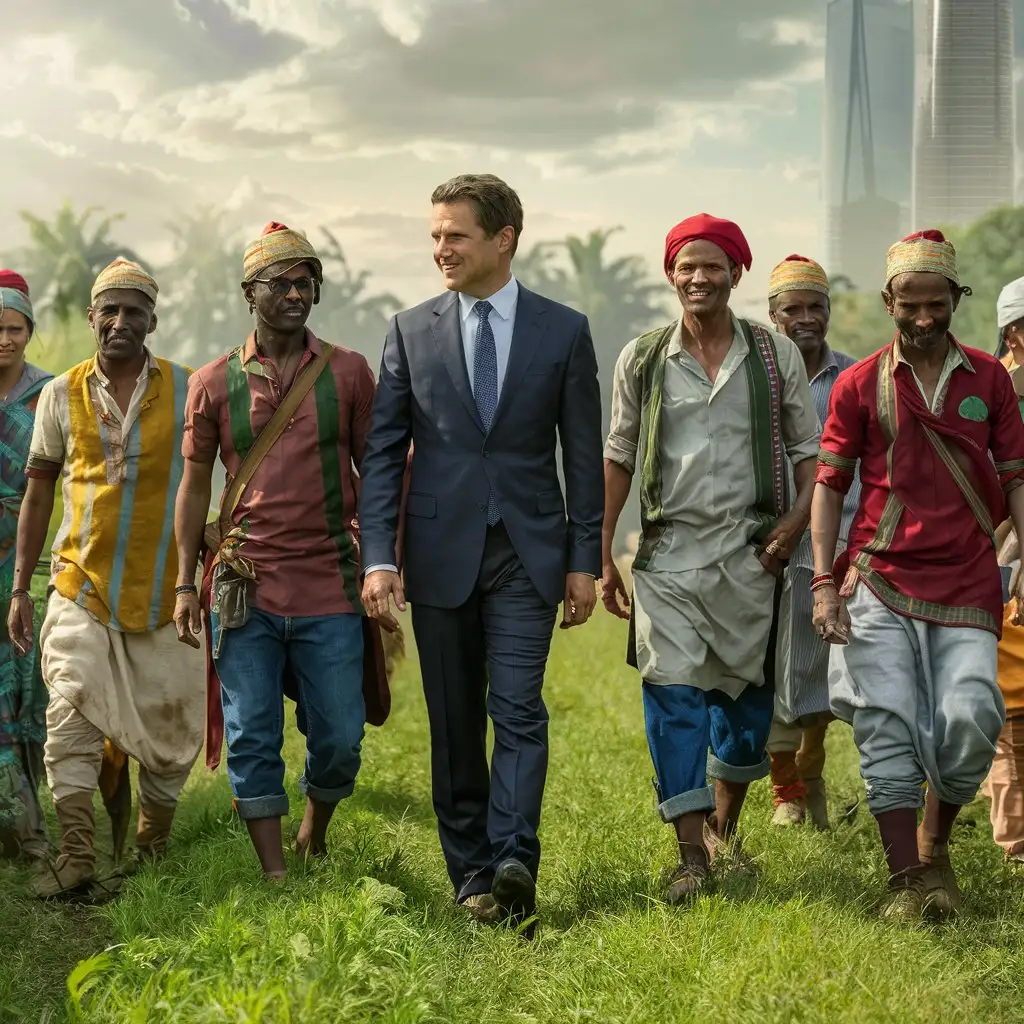 Indian farmers in kurta and jeans and Gandhi cap walking with a corporate executive wearing suit