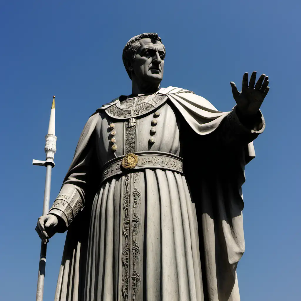 statue of Constantine XI, twenty meters tall, within Constantinople in the 21st century,
