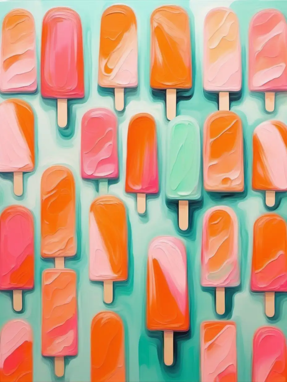 Vibrant Abstract Oil Painting of Orange Pink and Mint Popsicles