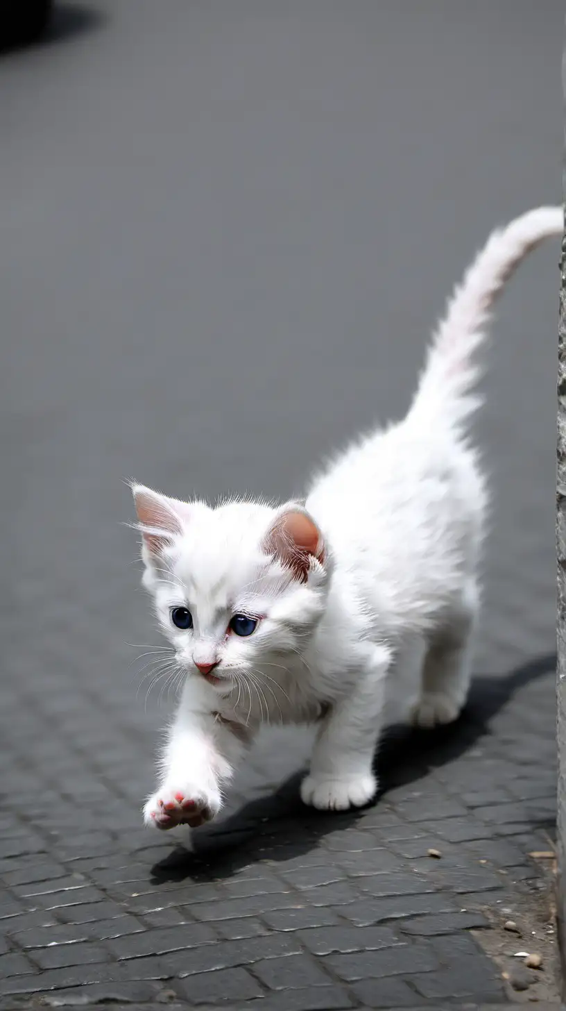 Маленький белый котенок гуляет по улице