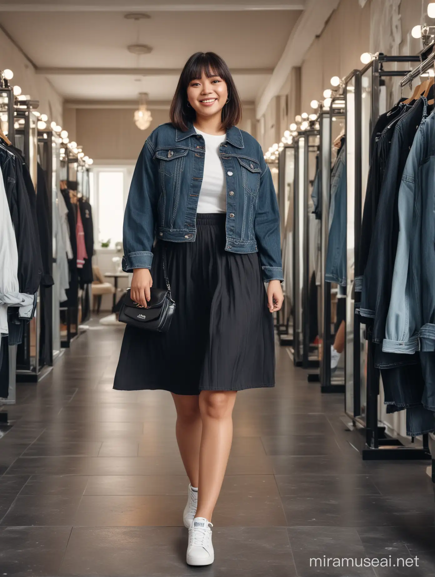 realistic photo of Indonesian, beautiful fat woman with bangs, short shoulder length hair, wearing a long black midi dress with a jeans jacket, wearing white sneakers, round bag, smiling facing the camera, Adidas sports shoes, set in a beautiful room full of mirrors, bright daylight, realistic, ultra HD, bokeh, 64khd