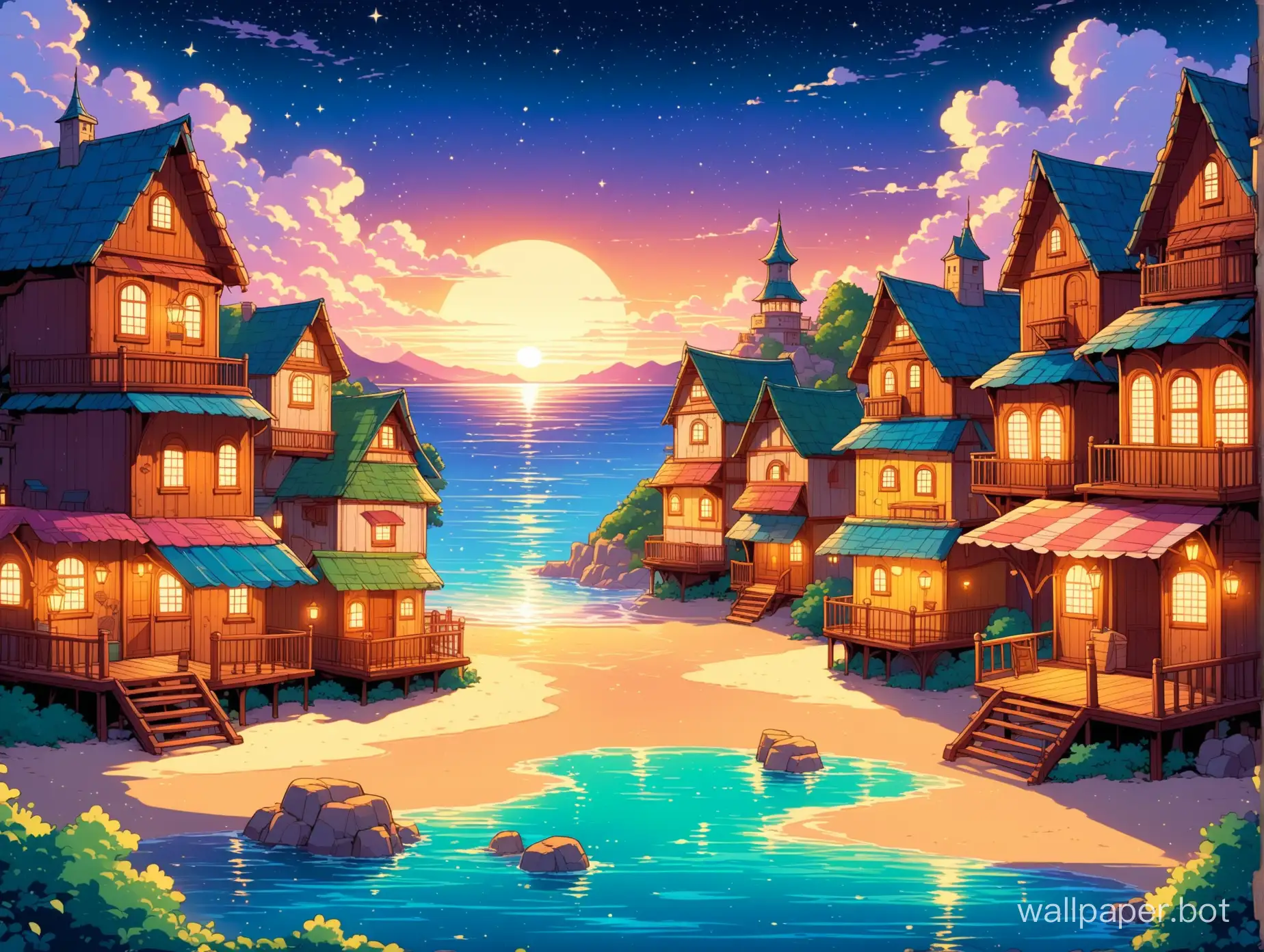 Grunge spring background, cartoon, comic, patchwork, soft cozy tones, animated style, digital highly detailed painting, ultra clean, fantastic , uterr predesh at night create disney movies poster, cozy town with beach view