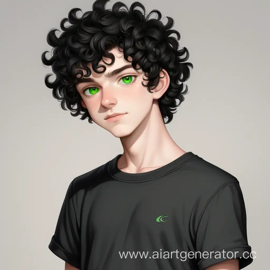Парень низкого роста с светлой кожей, черными кудрявыми пышными волосами и ярко зелёными глазами в черной рубашке и черных шортах подросток 16 лет