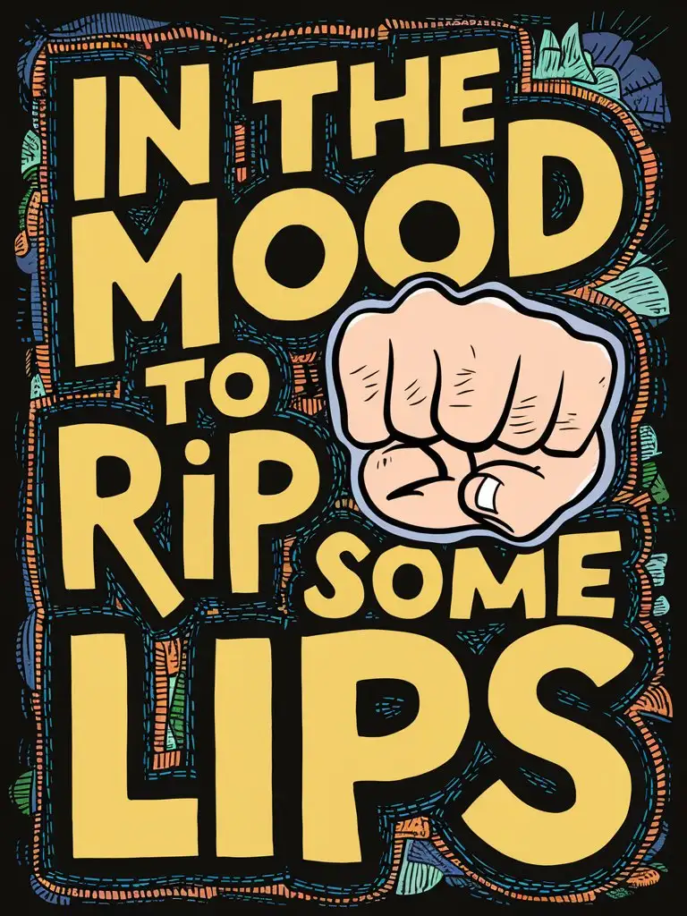 Cartoon Fist Ripping Lips on Typography Background