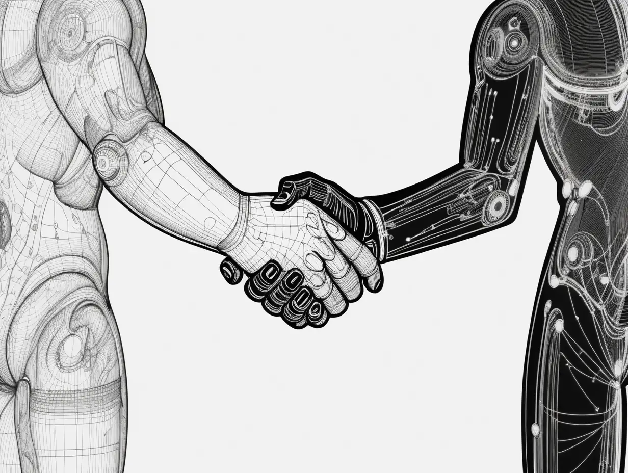 Quantum hand shake between man and a AI line art
 white and black