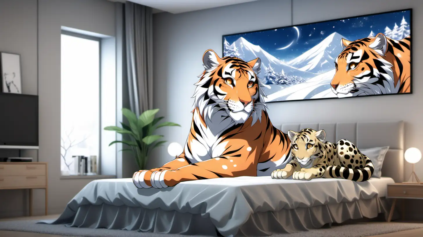 Anime TigerSnow Leopard Hybrid Relaxing in Bedroom
