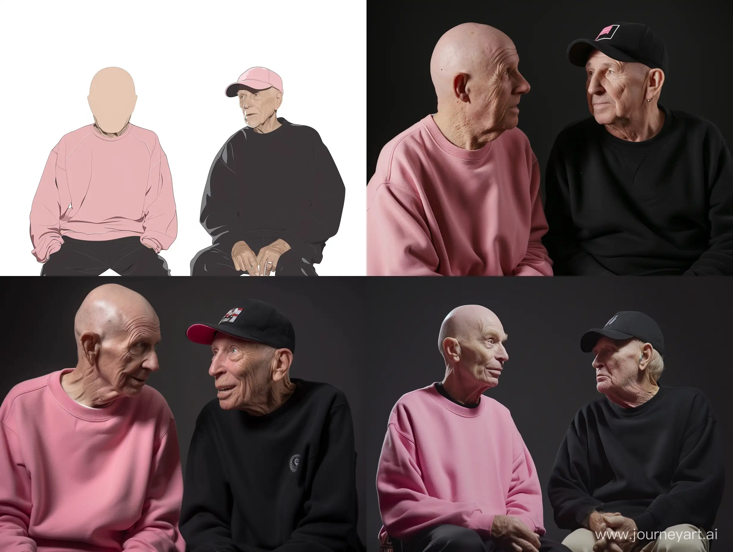 one old bald man wearing a pink sweatshirt with a blank head without any hat on it and another old bald man wearing a black sweatshirt has a baseball cap on his head sitting and discussing retro games, hi-tech background