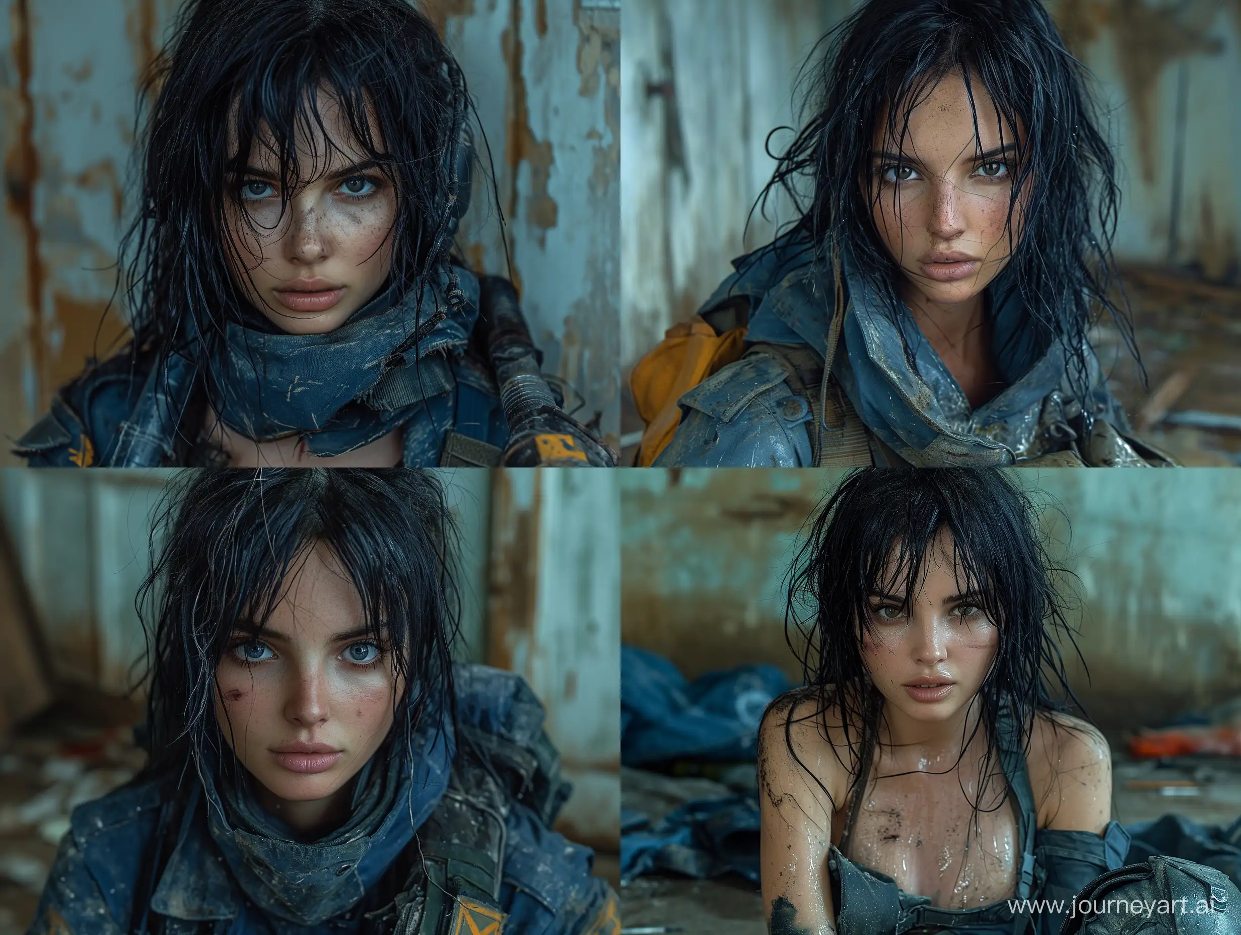 beautiful dirty mulatto Ana de Armas S.T.A.L.K.E.R mercenary black hair darkblue tactical clothes tactical helmet abandoned room --s 999 --style raw --v 6