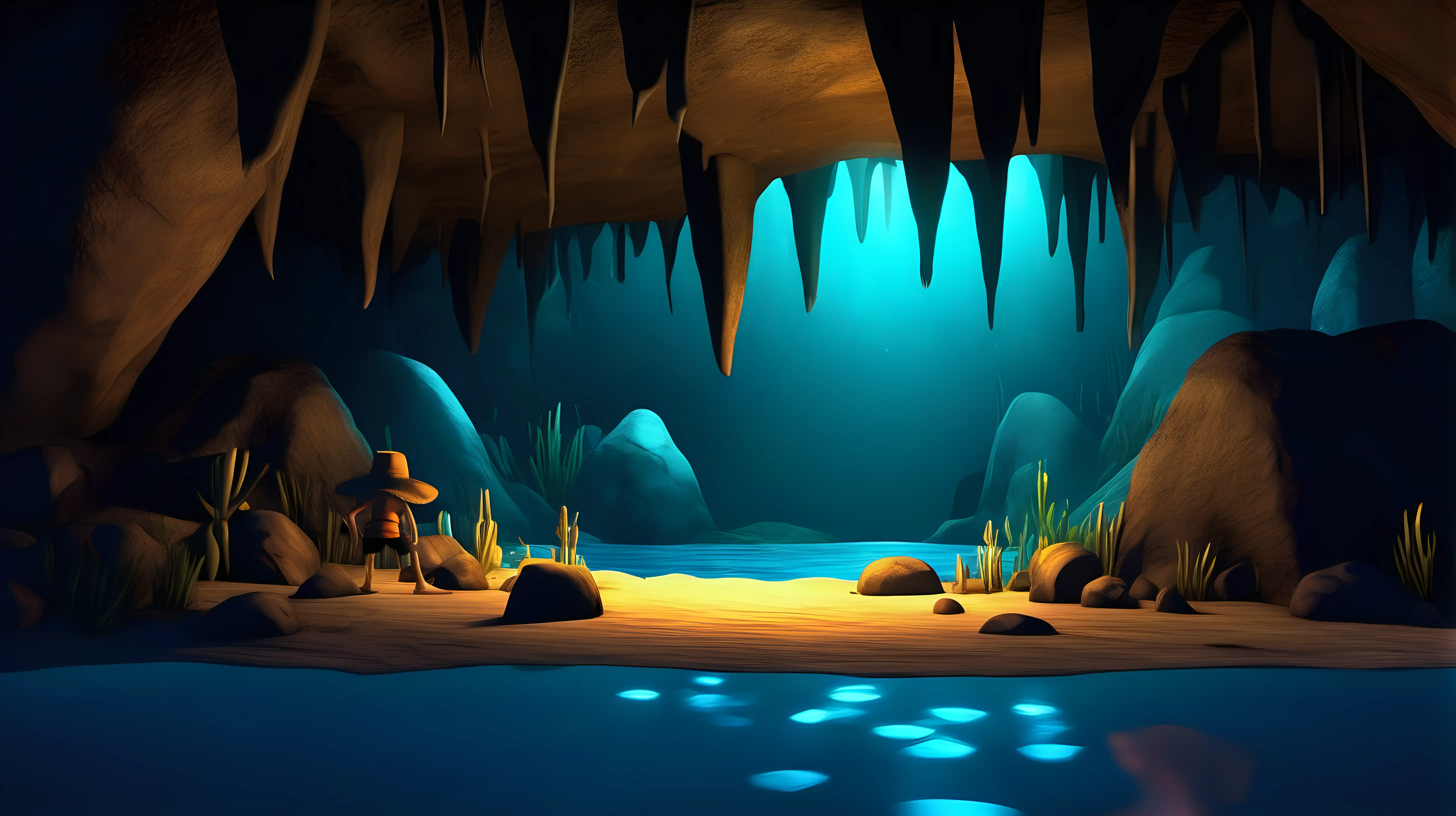 cave at night with water at the bottom of screen  pixar style Maya style
