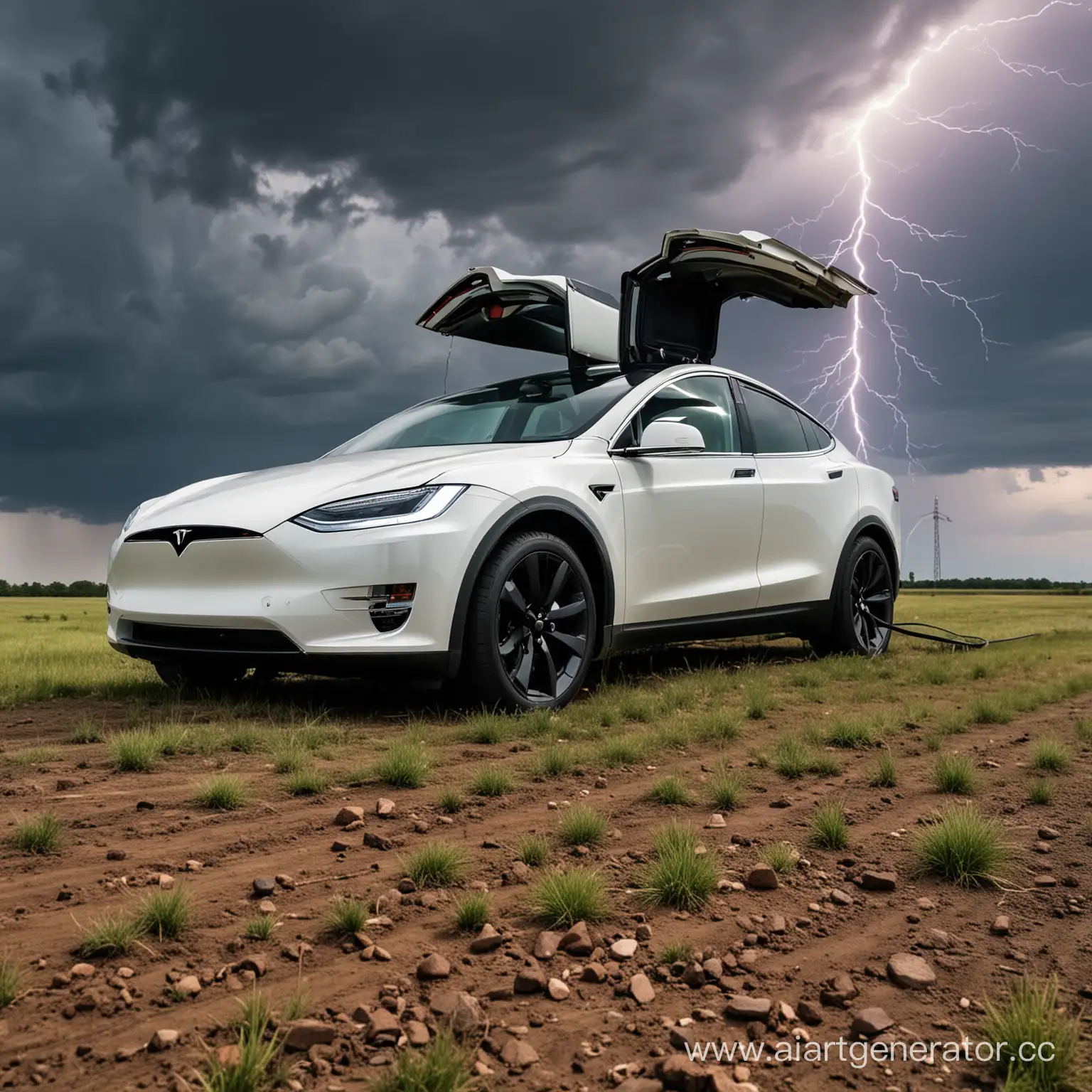 Tesla-Electric-Car-in-a-Serene-Field-with-a-Towering-Electroscope-Attracting-Lightning