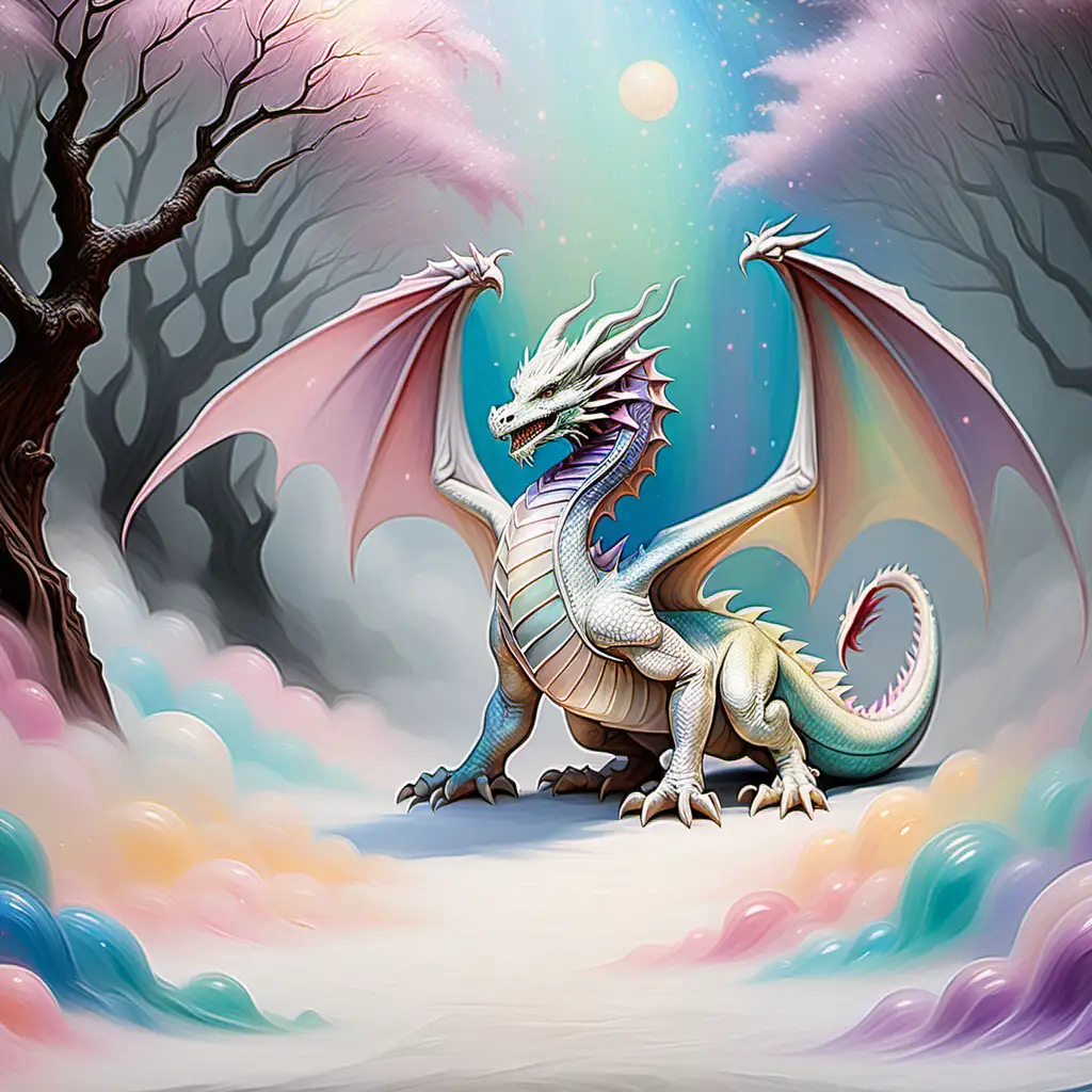 Please create a hyper-realistic oil painting style background with an empty foreground and a glittery,  pastel white/opalescent colored dragon in the far corner.