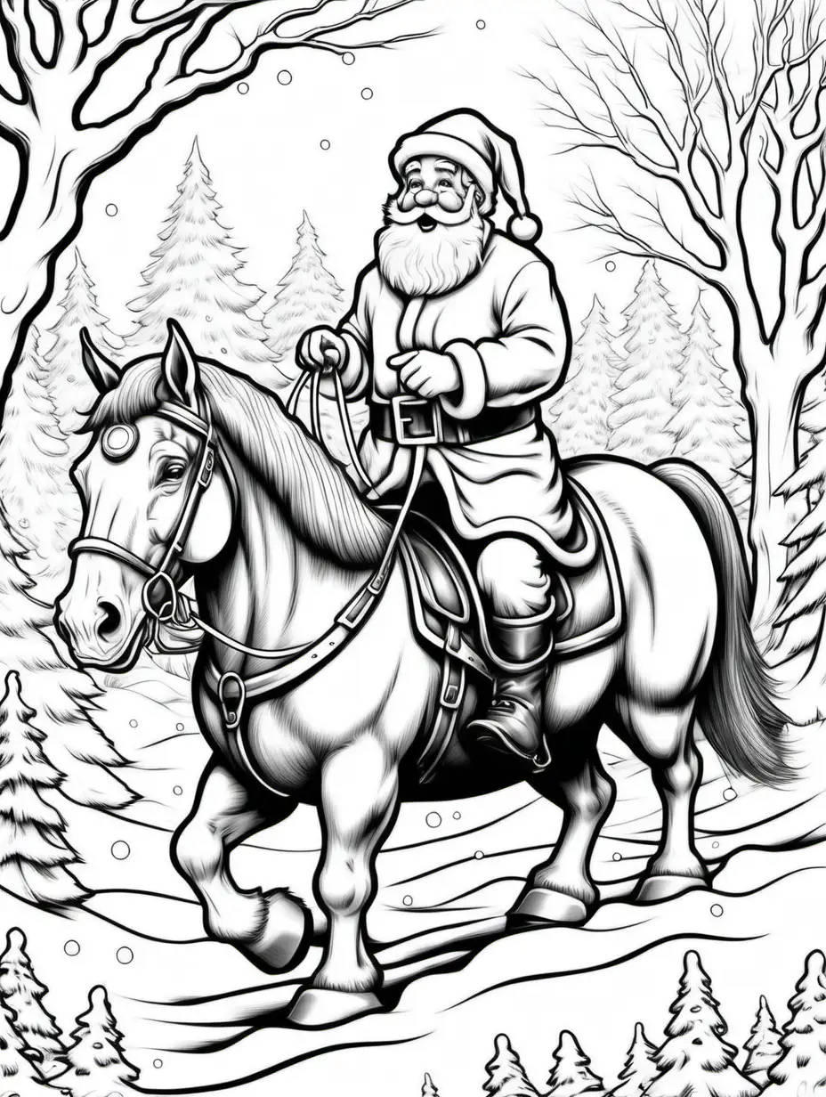 Santa Claus on Clydesdale Horse Winter Wonderland Coloring Page
