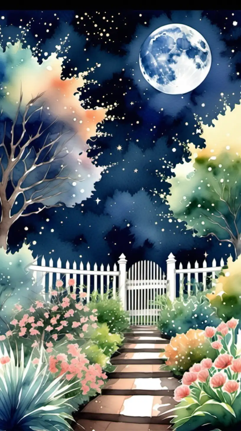 beautiful sky full of stars, beautiful garden in backyard, full moon, watercolor style