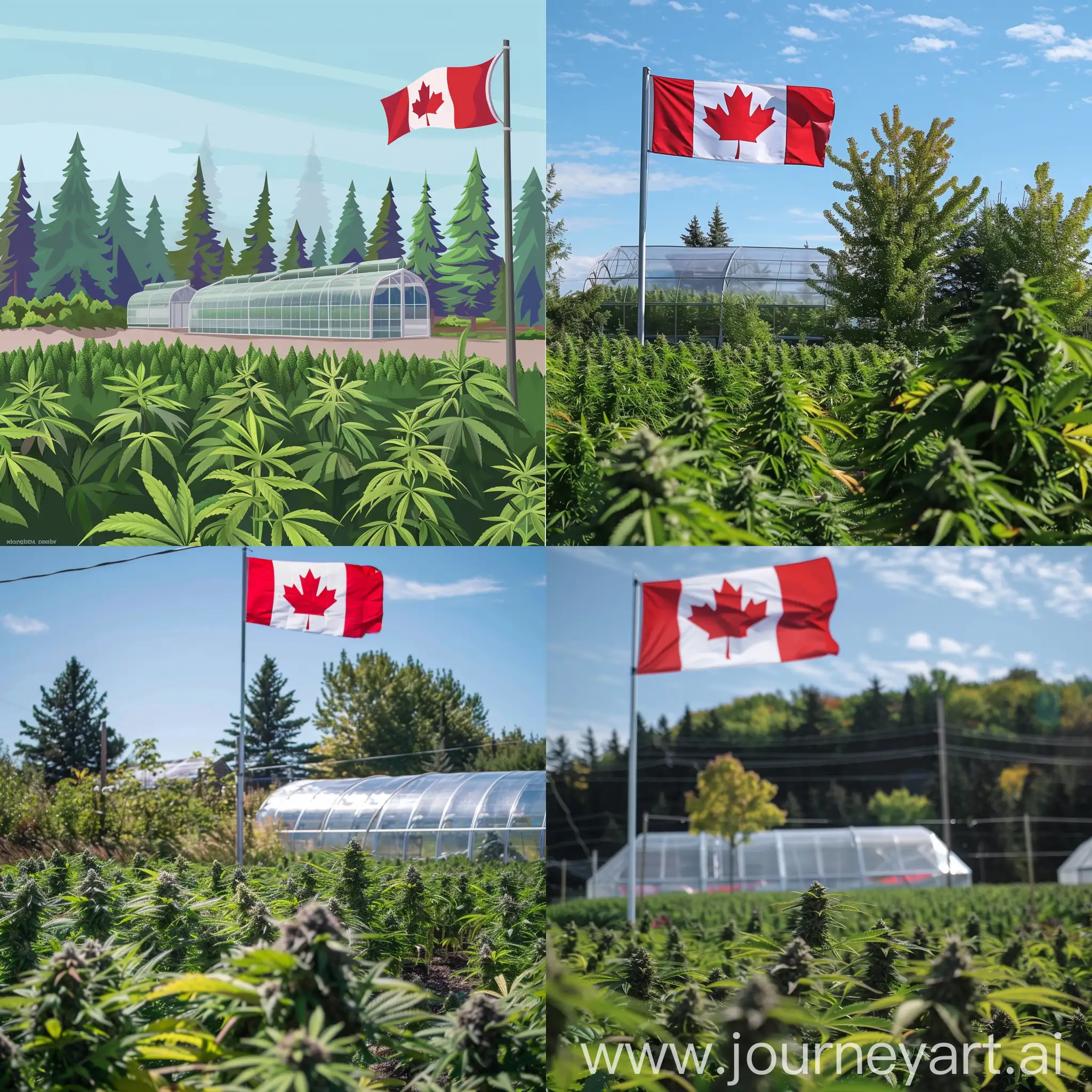 give me a hero image for a website where there is:

- an outdoor cannabis field
- a large Canadian flag on a flag pole in the background
- a high-quality, modern cannabis greenhouse in the background as well

i need you to incorporate my brand colors in to the picture: #0b4a6d ideally in the background, and #39b34a if possible 