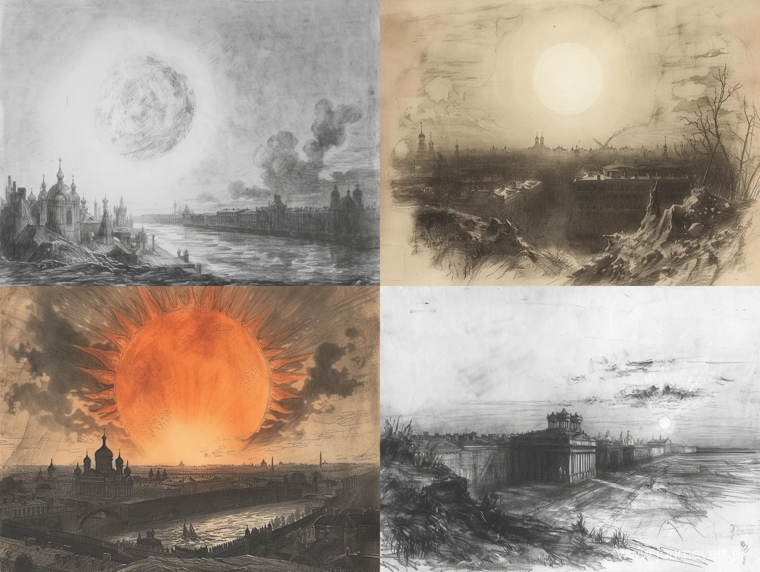 А Солнце над Петербургом 19 века мятое, как переспелый персик, стиль рисунков российских художников 19 века