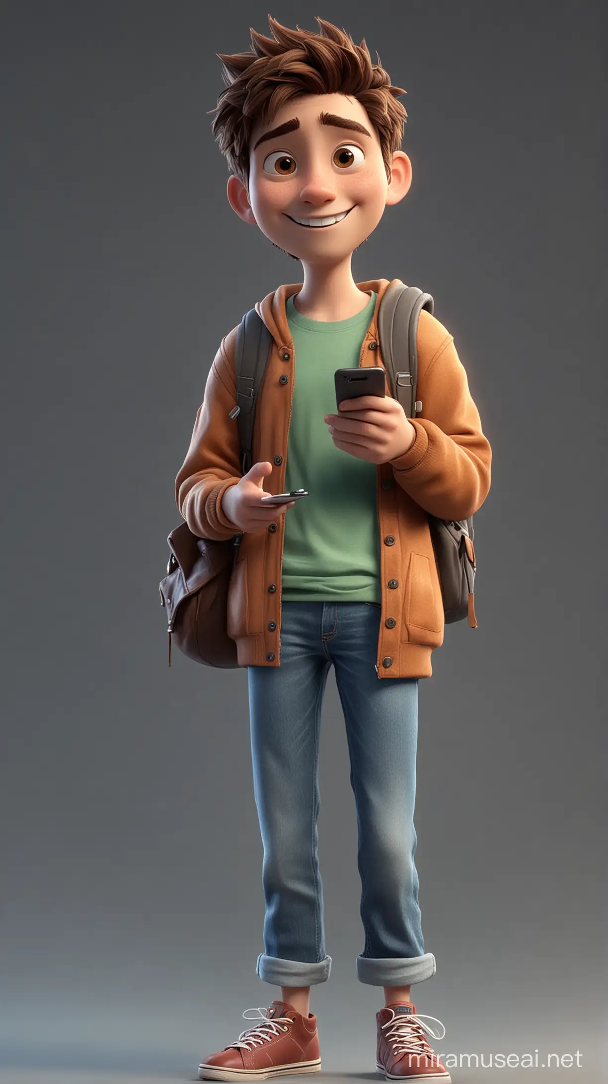 A 3D character of a student texting a friend, standing with a smiling face, cinematic and pixar