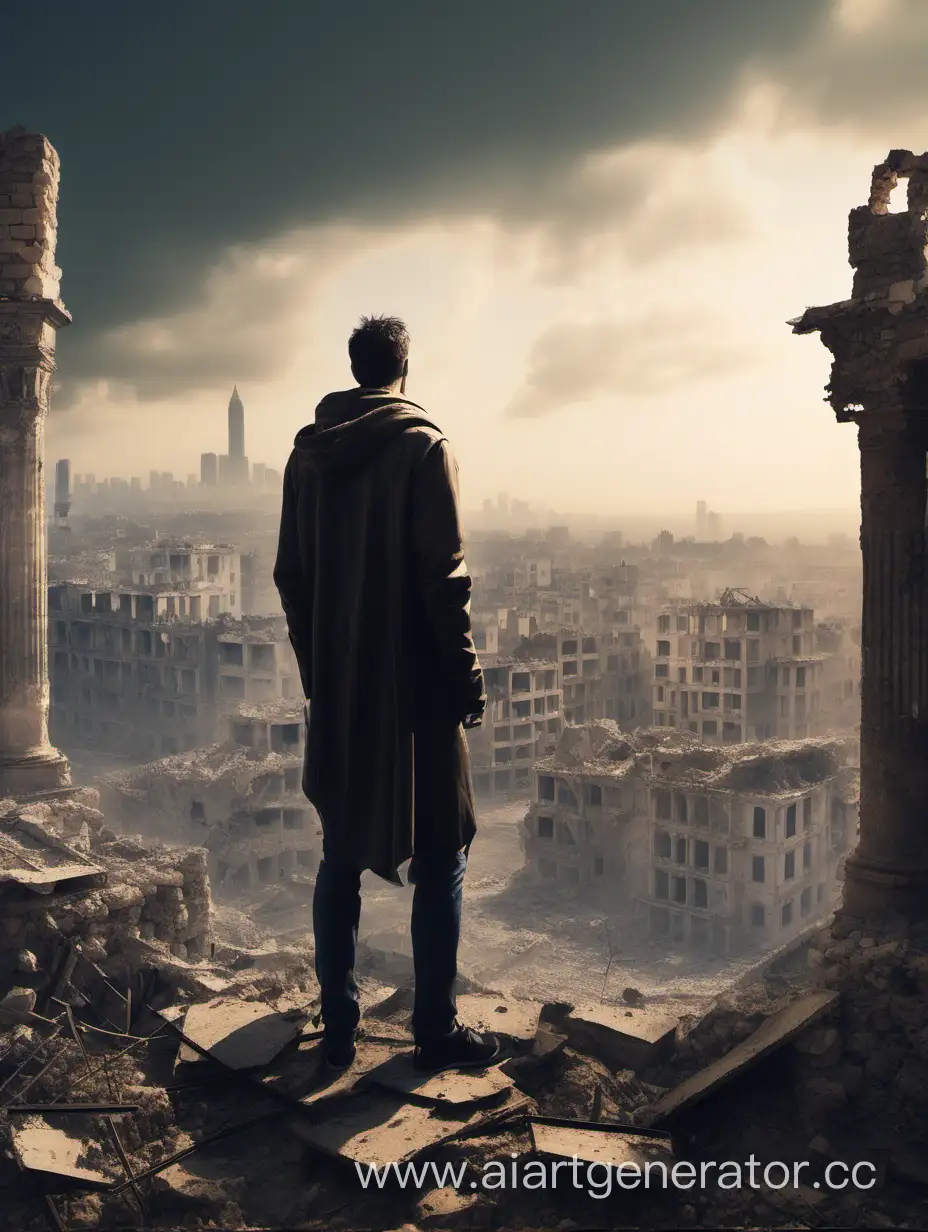 парень стоит на руинах города и всматривается на горизонт