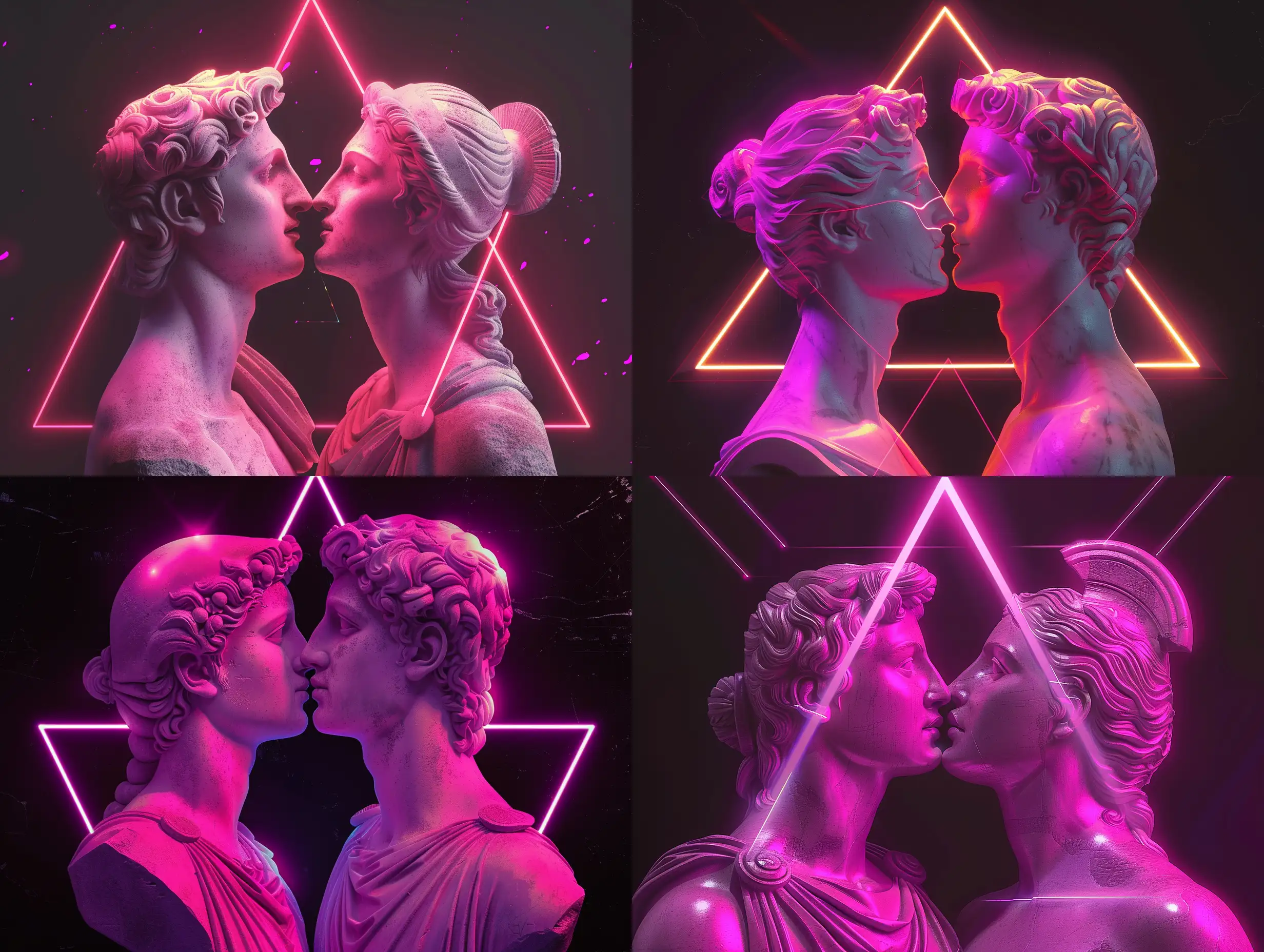 Romantic-Greek-Statues-Kissing-in-Magenta-Light-with-Laser-Effects