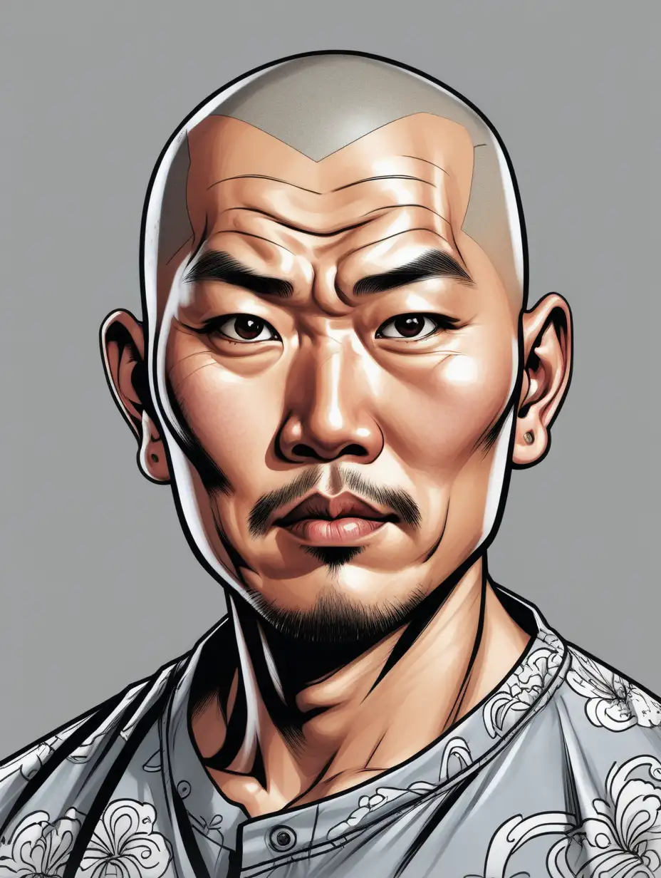 Serious Asian Man in Colorful Tourist Shirt Inked Comic Book Portrait