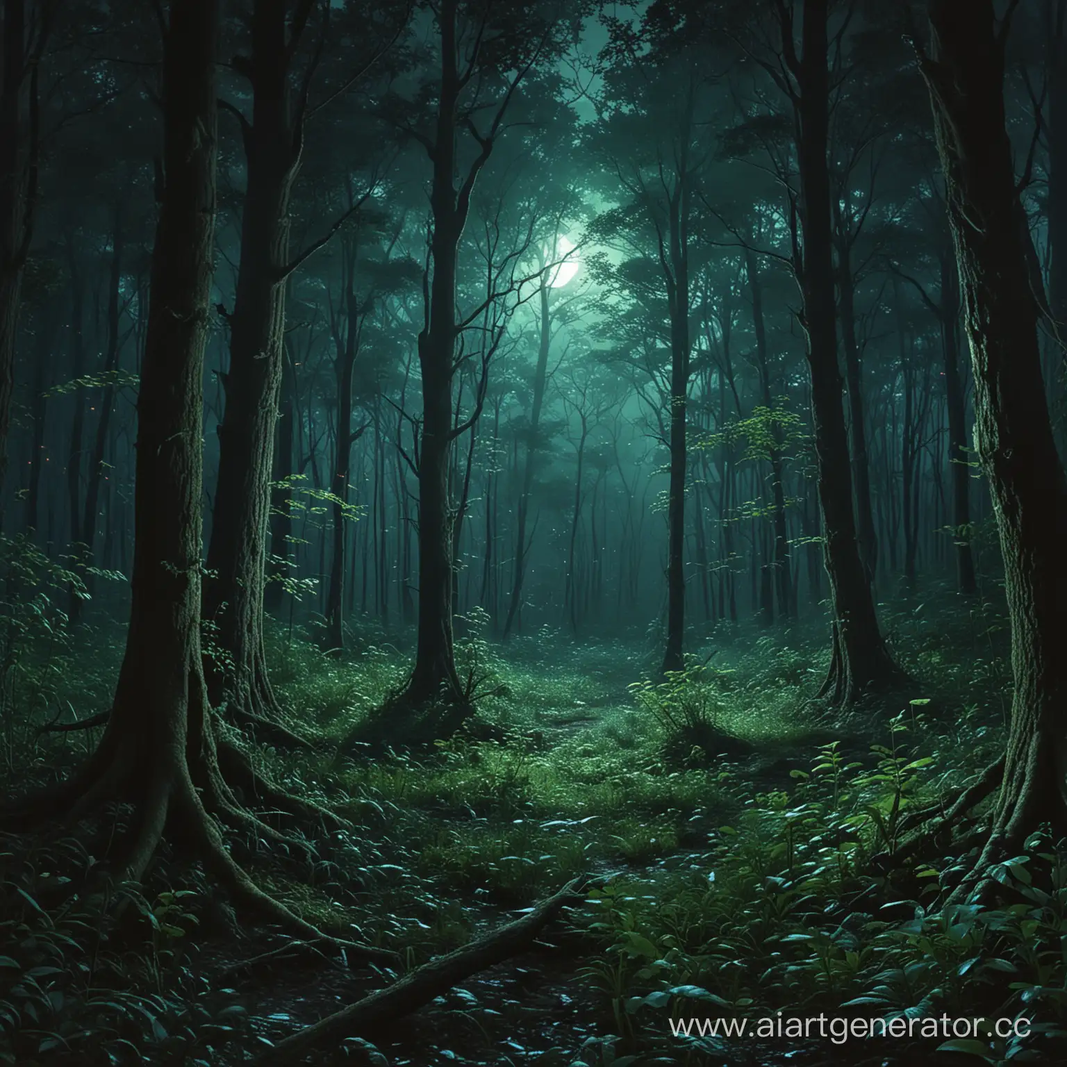 Fantasy-Night-in-the-Forest-with-Green-Crickets-and-Big-Trees