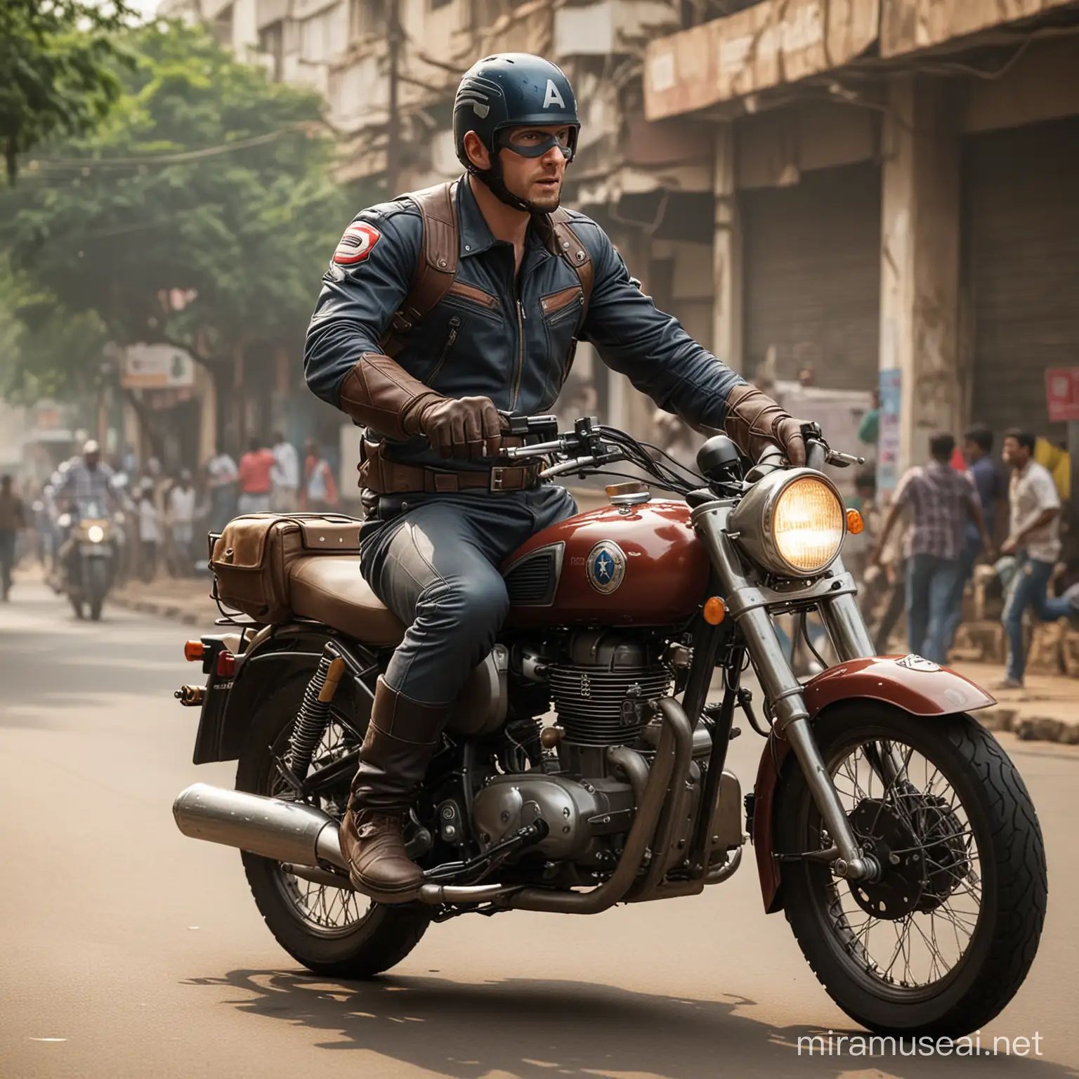 Captain America Riding a Royal Enfield Hunter 350 in streets of Bengaluru