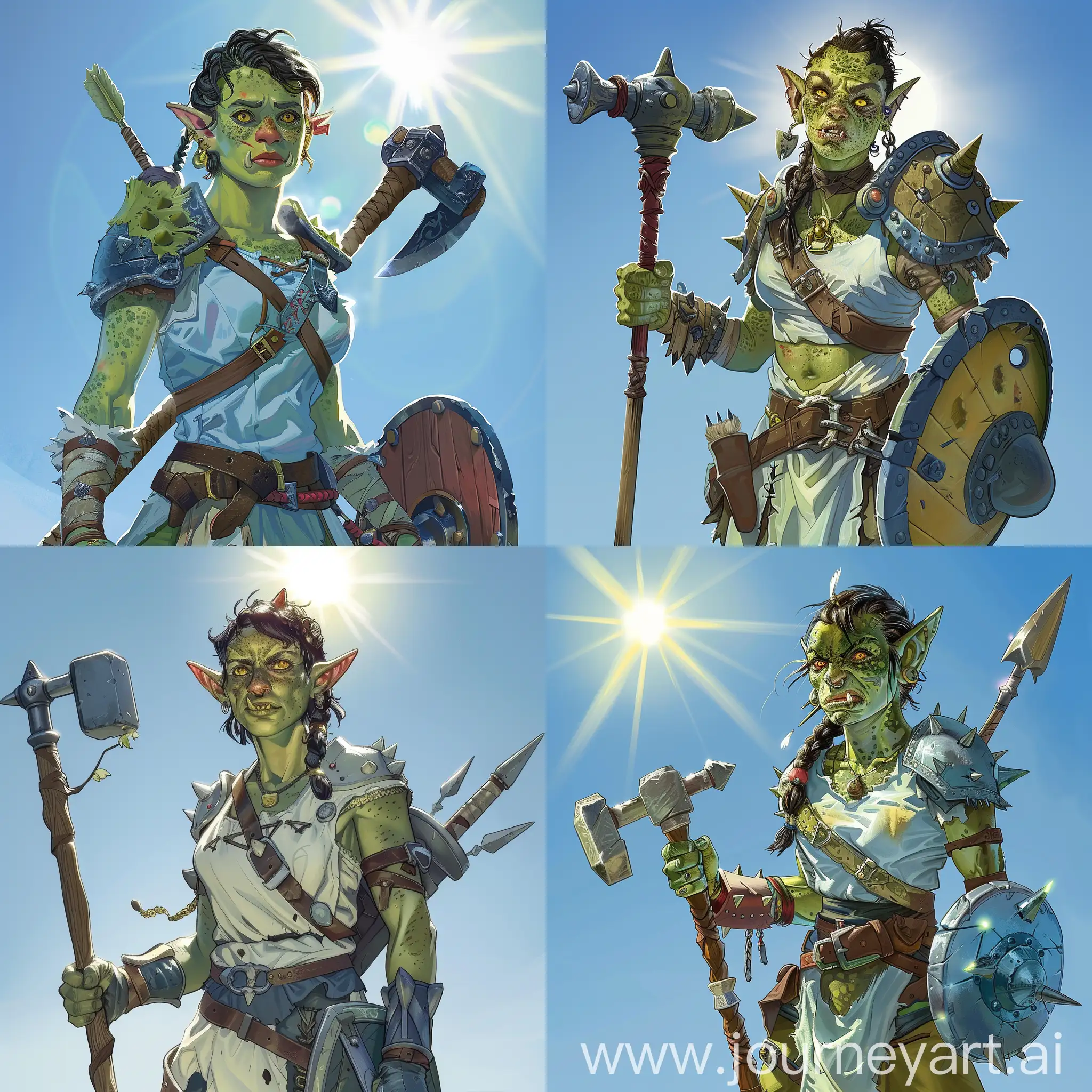 Draw a character from the Dungeons and Dragons universe according to the following description: she is female orc, dressed in light medieval warrior clothes. She has a mace and a shield. She has green skin with freckles, yellow eyes, short black hair with little braid. Sharp fangs are visible from under the lower lip. Clear blue sky and bright sun in the background