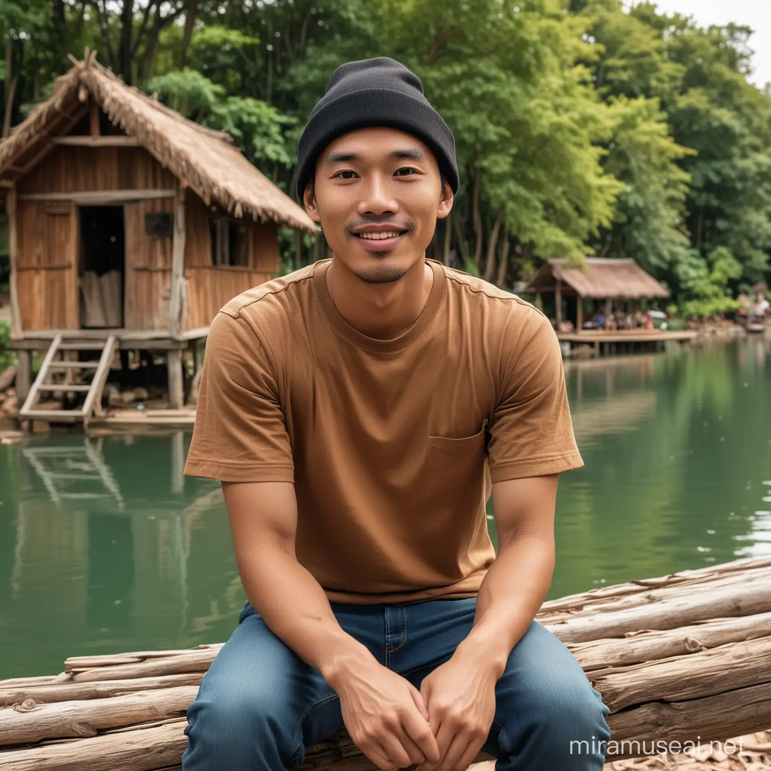 Friendly Asian Man in LeafRoofed Hut with Colorful Sampans on Lake