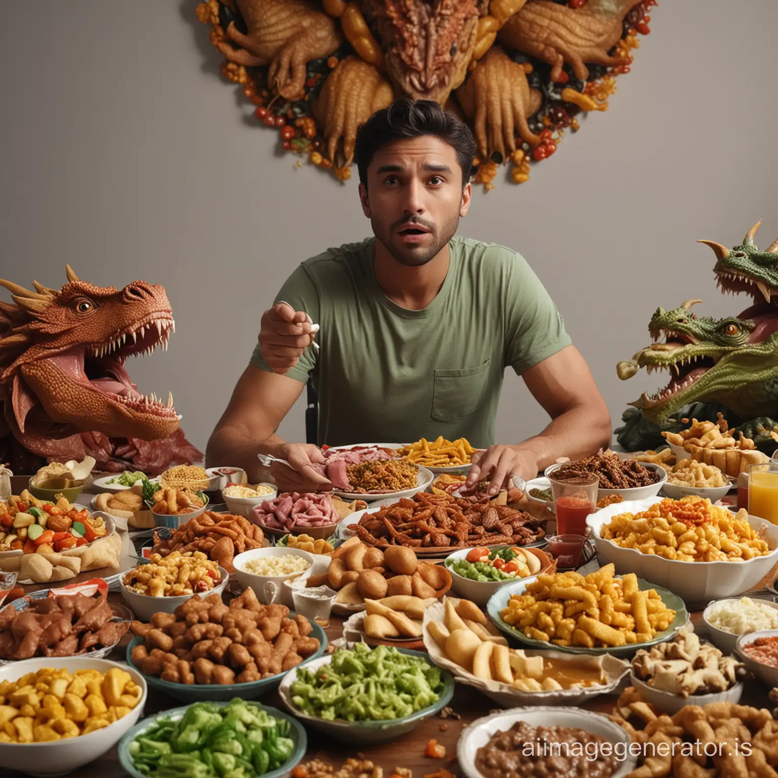 Arafed man sitting at a table with a lot of food, mukbang, kitava insatiable hunger, you being dragon food, eating alien food, food commercial 4 k, about to consume you, the table is full of food, super realistic food picture, disgusting food, food advertisement, eating meat, gluttony, realism art, semi realism
