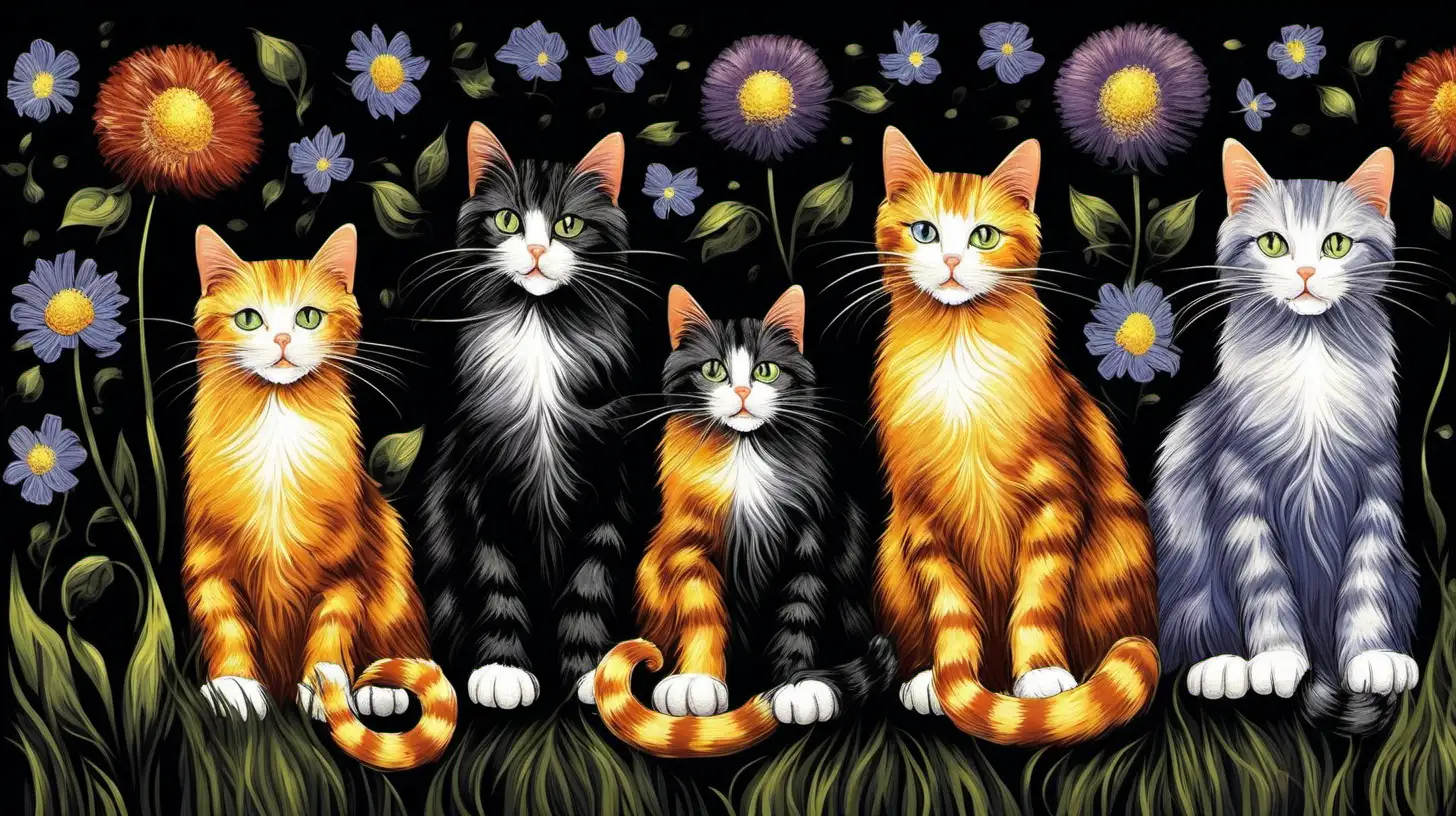 Cats in the the style of Claude Monet
 painting, on a black background
