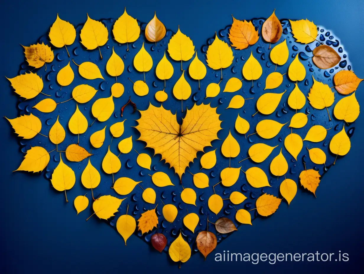yellow leaves of trees are laid out in the shape of a heart on a uniform solid background of blue color, raindrops, symmetrical photography, symmetry, bright colors,leaves, autumn, leafless leaves, withered leaves, heart, shape, layout, space for copying, color harmony, autumn color, photorealism, daylight