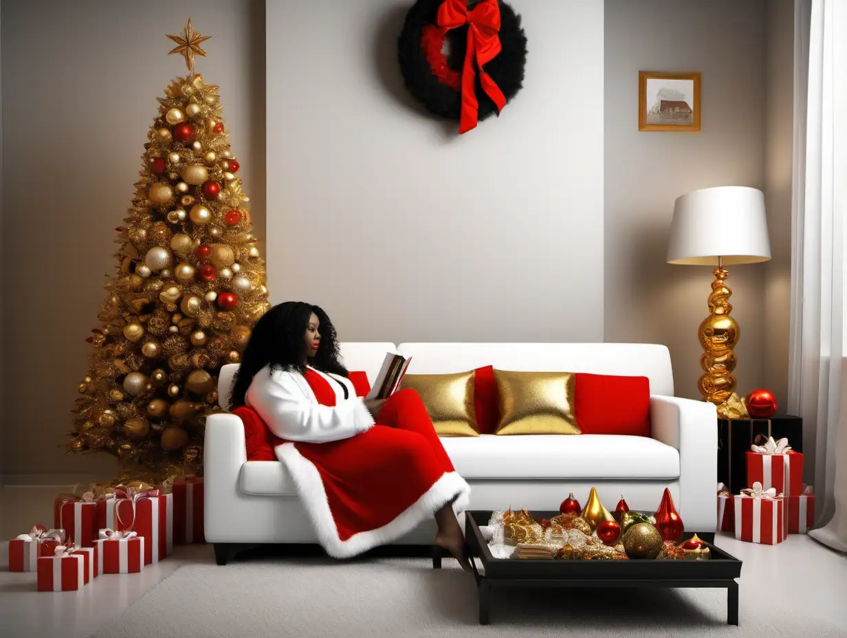 generate relaxing scene with a tall white Christmas tree decorated with gold ornaments, red ornaments, red and gold ribbons, in a living room setting with a realistic fat African American woman with long straight hair, sitting on  a white couch with her legs on the couch, wearing a black robe with black furry slippers, reading a book, bottle of white wine on the coffee table with fruit tray. a picture behind the couch on the wall that says exact words, “LUX GETAWAYS by KG”
