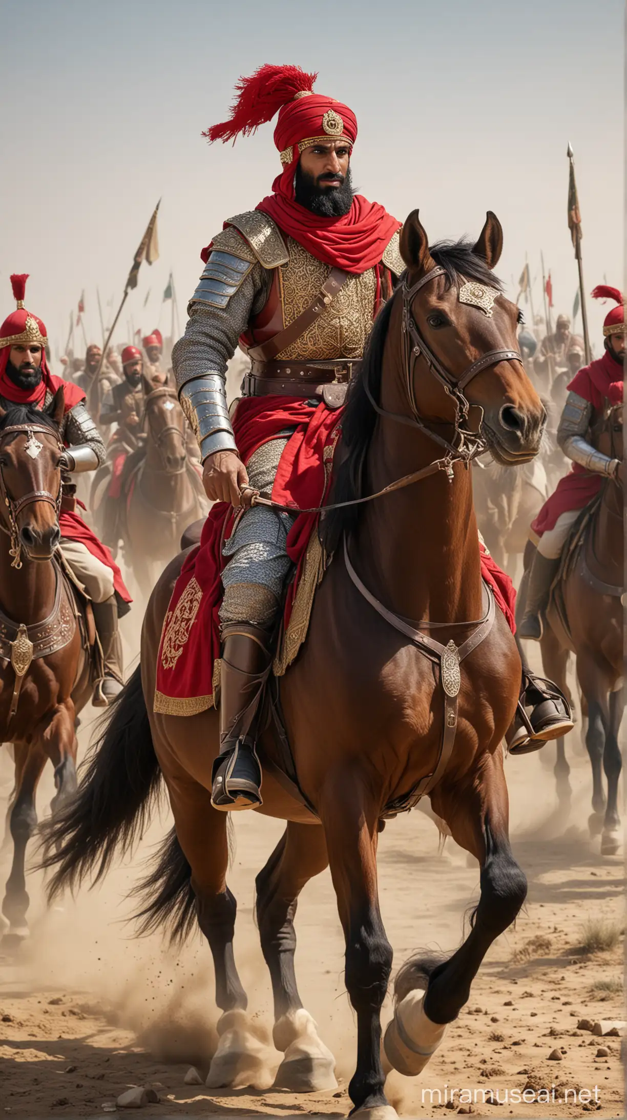 Muslim commanders, wearing red helmets and armor, are riding horses into battle