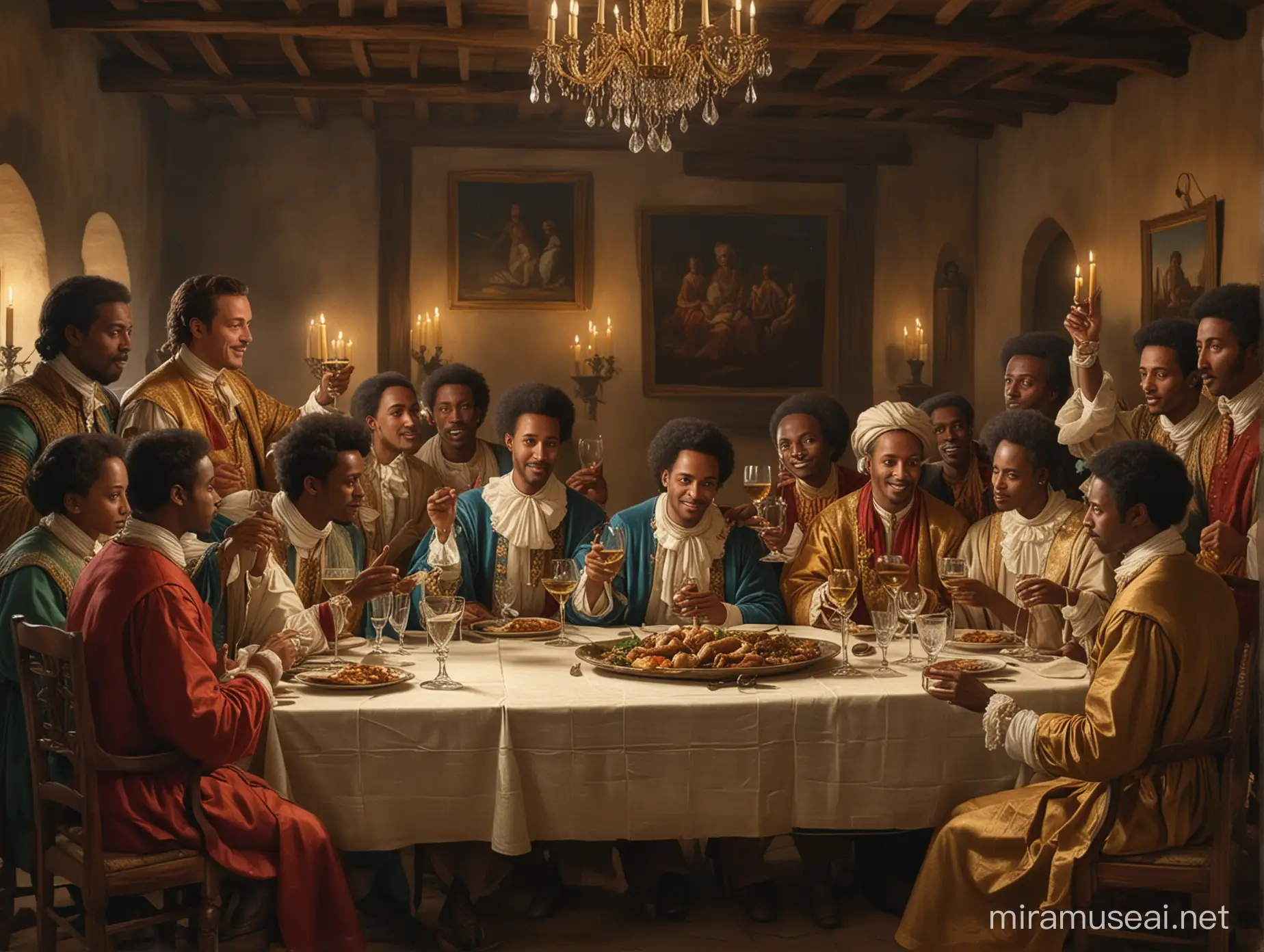 1700's painting style, elegant dinner scene, Italian and Ethiopian representatives sitting at a table, clinking glasses, Wuchale Treaty parchment glowing in the background.